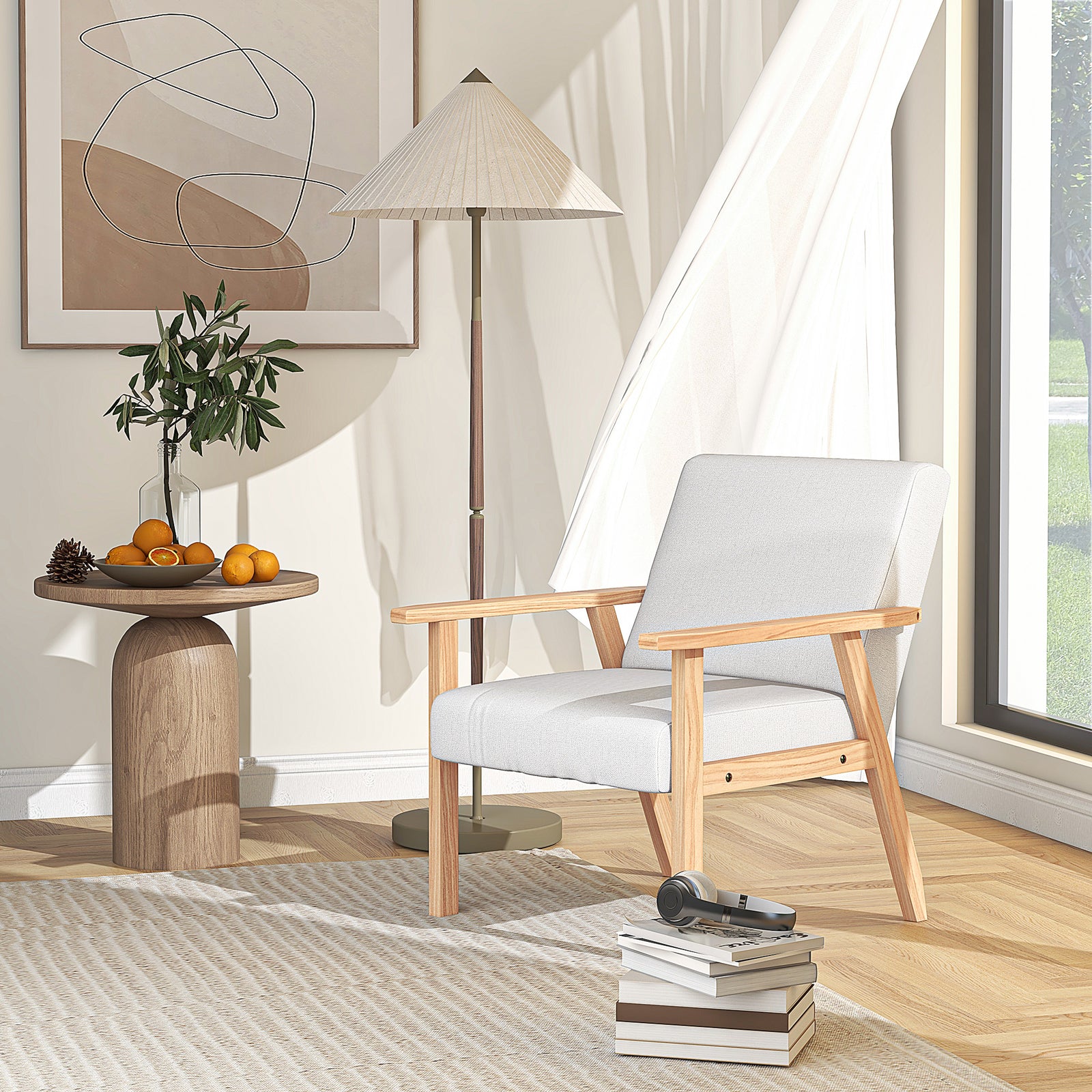 Accent Chair With Wood Frame Wide Seat Linen Armchair