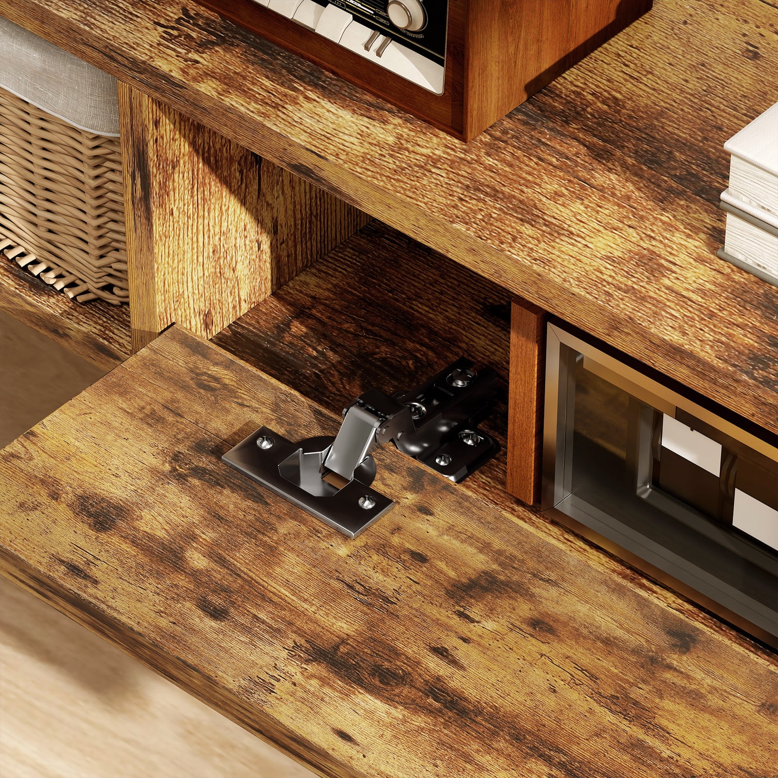 120 Cm Floating Tv Unit With Flip Drawer And Shelves | Rustic Brown