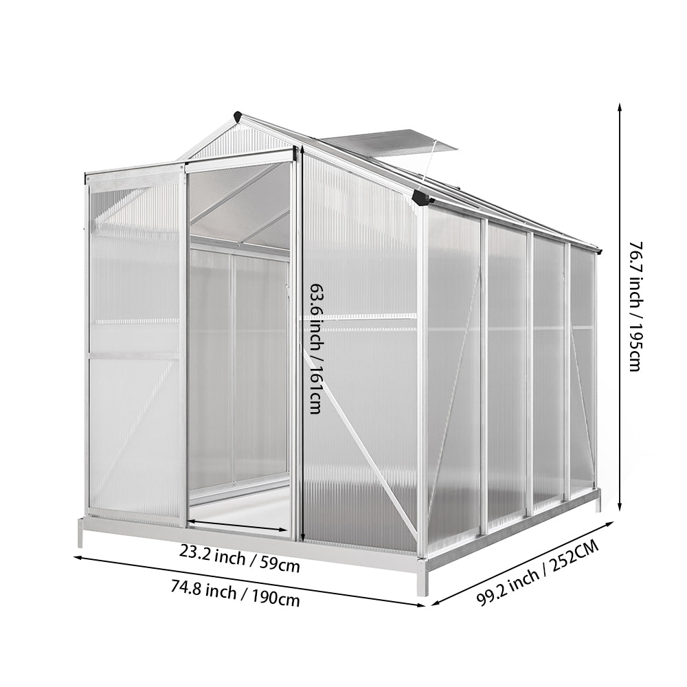 Polycarbonate Greenhouse With Base– Aluminum Frame Walk-in Greenhouse With Sliding Door & Ventilation Window For Plants & Flowers | Large | Clear