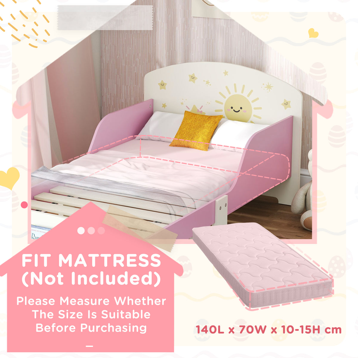 Toddler Bed, Sun-themed Kids Bed Frame With Storage | Pink
