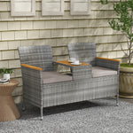 Rattan Garden Bench W/ Wood Top Table, Chair, Cushions | Gray