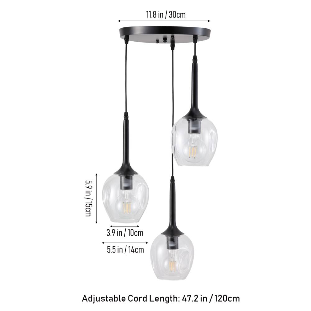 Black Modern 3-light Pendant Ceiling Lamp Height Adjustable Hanging Light Fixture With Glass Shades