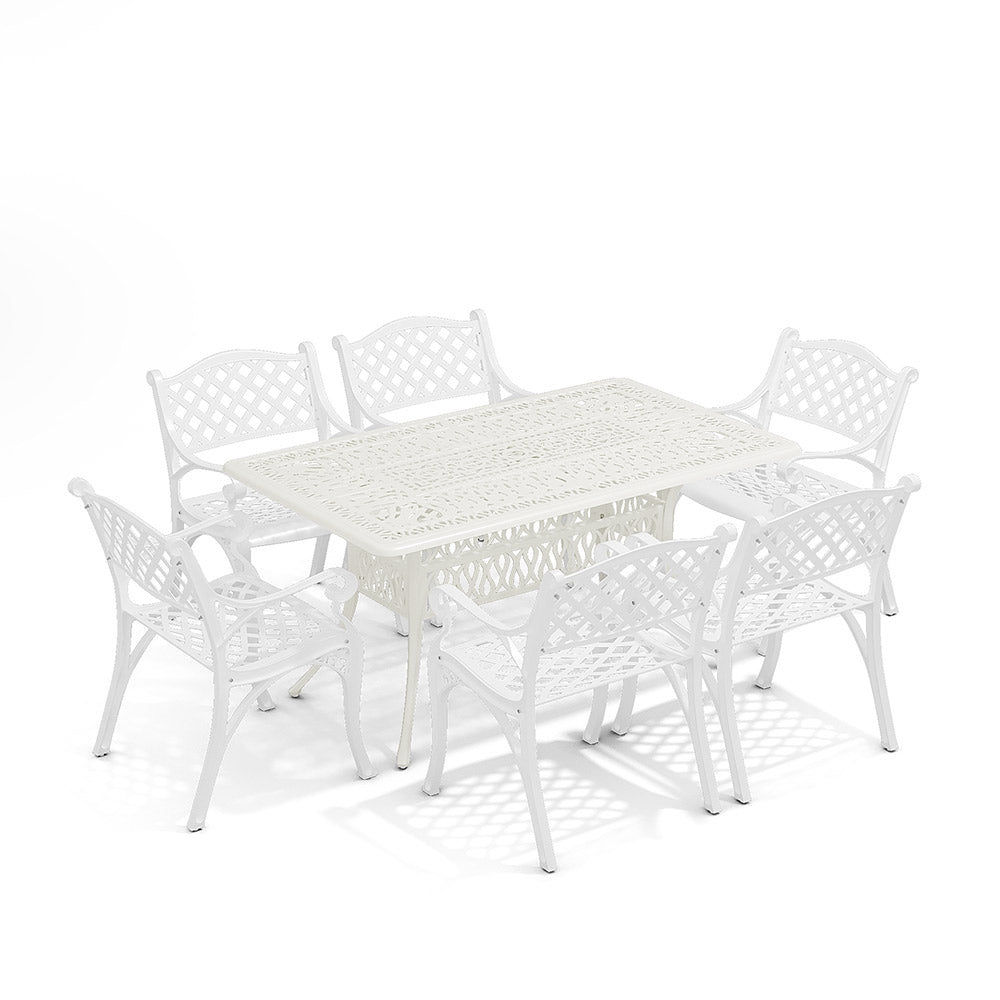 Set Of 7 Retro Garden Bistro Set Cast Aluminium With Cushions | Set of 7 | White