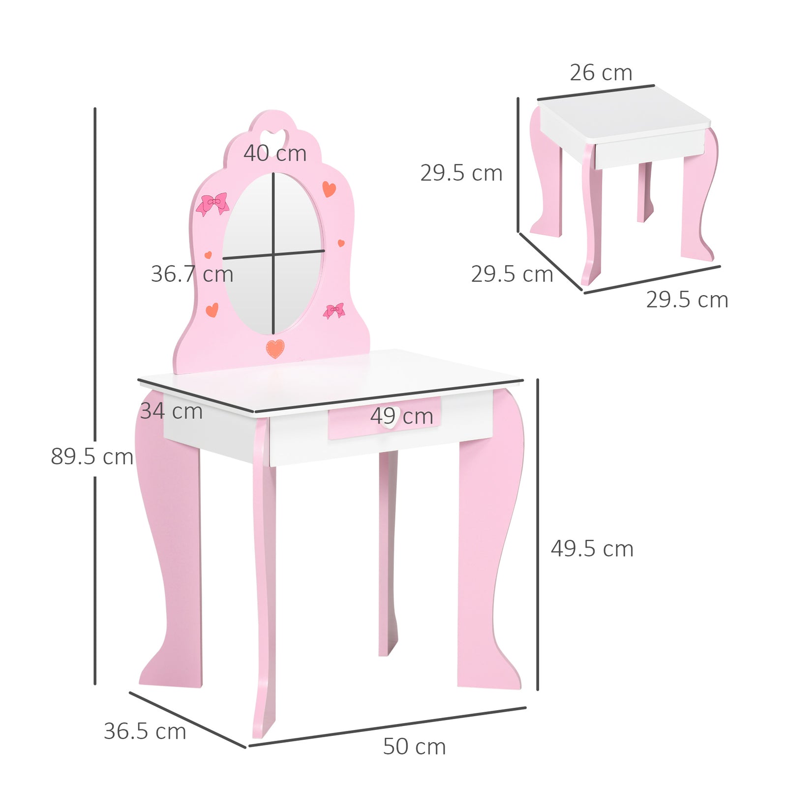Kids Dressing Table With Mirror, Stool, Drawer, Cute Patterns - Pink | Pink