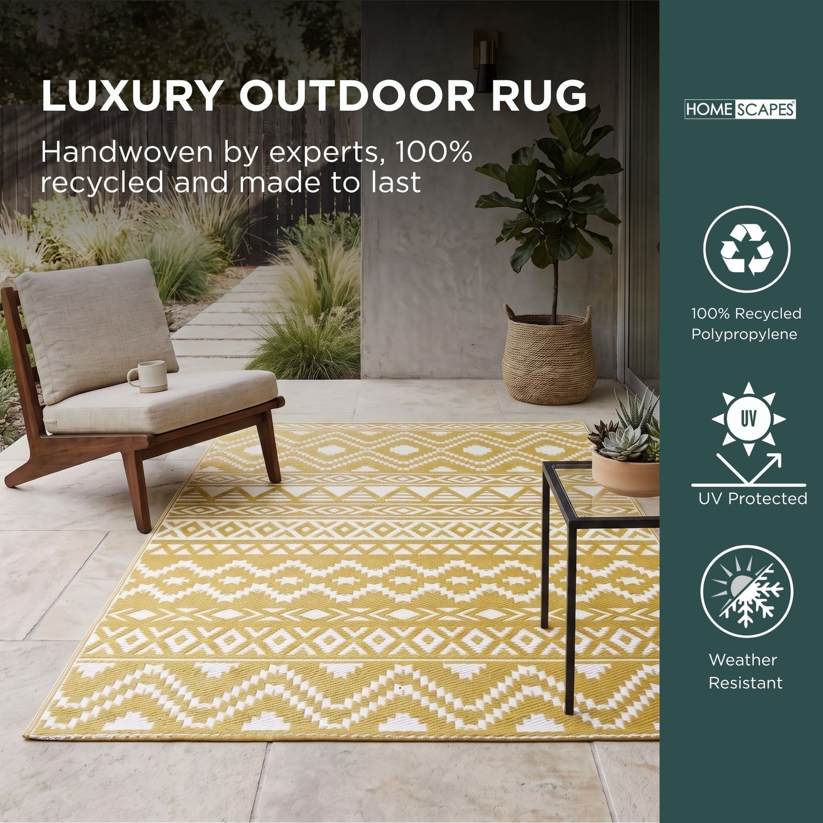 Luxury Outdoor Rug Waterproof Reversible For Garden Patio 100% Recycled, Yellow Anna Aztec | 150cm x 240cm | Yellow