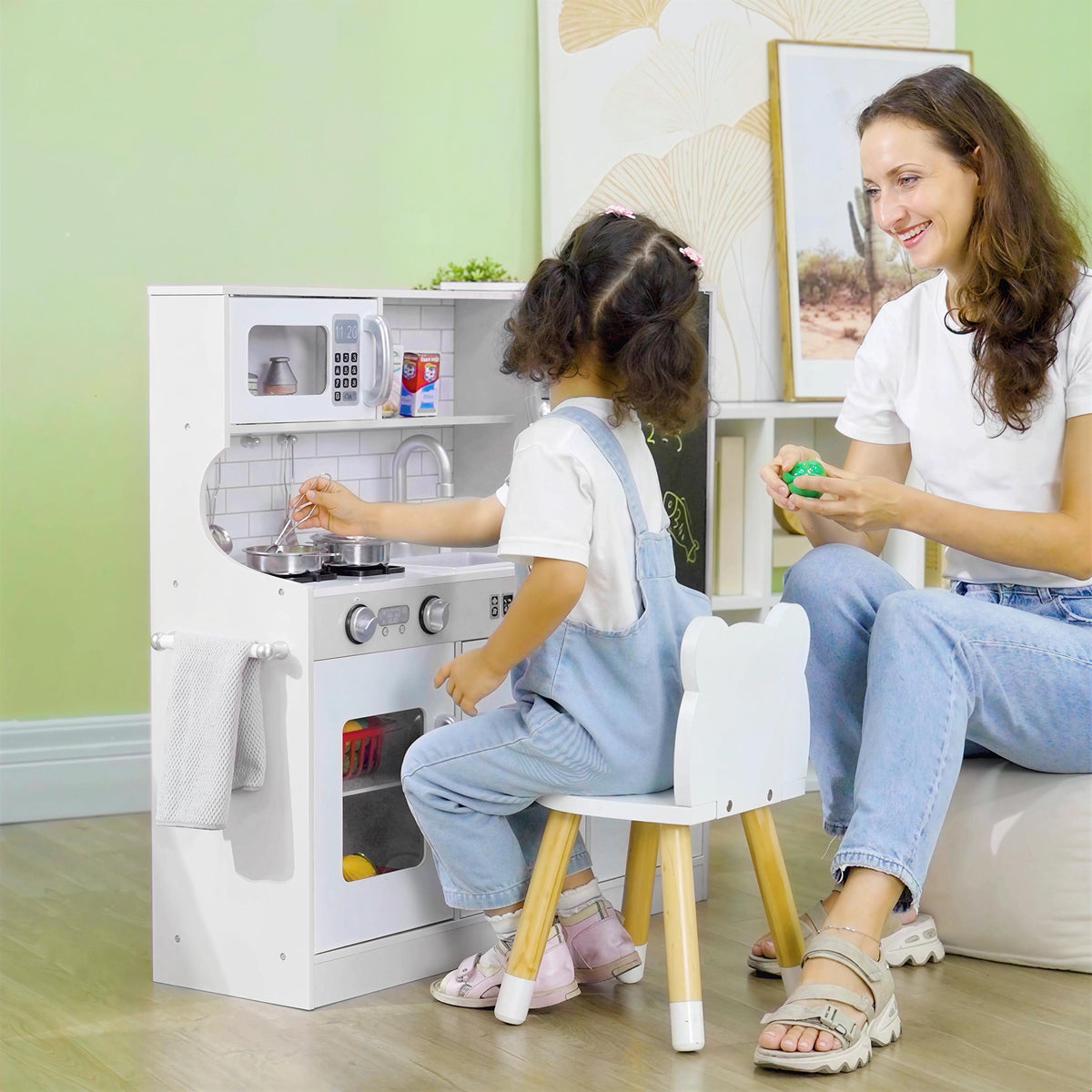 AIYAPLAY Play Kitchen, Pretend Toy Kitchen With Toy Phone, Chalkboard, White