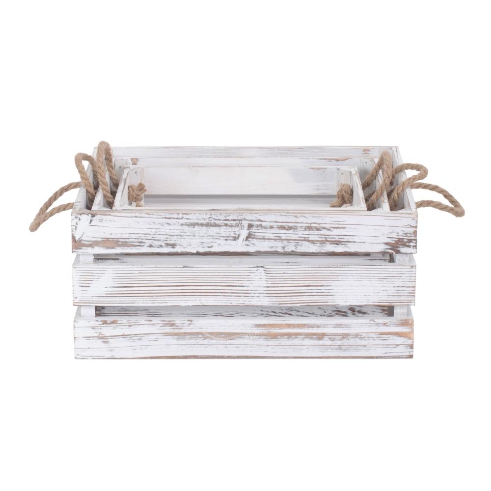 Distressed White Rope Handled Wooden Crate | Set-of-3 | White