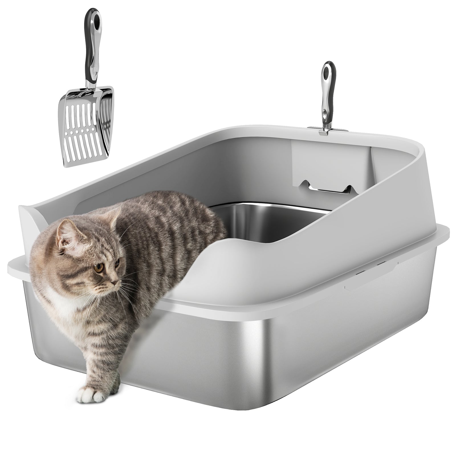 Xxl Stainless Steel Cat Litter Box With High Sides, 70 X 50 X 30 Cm | Grey