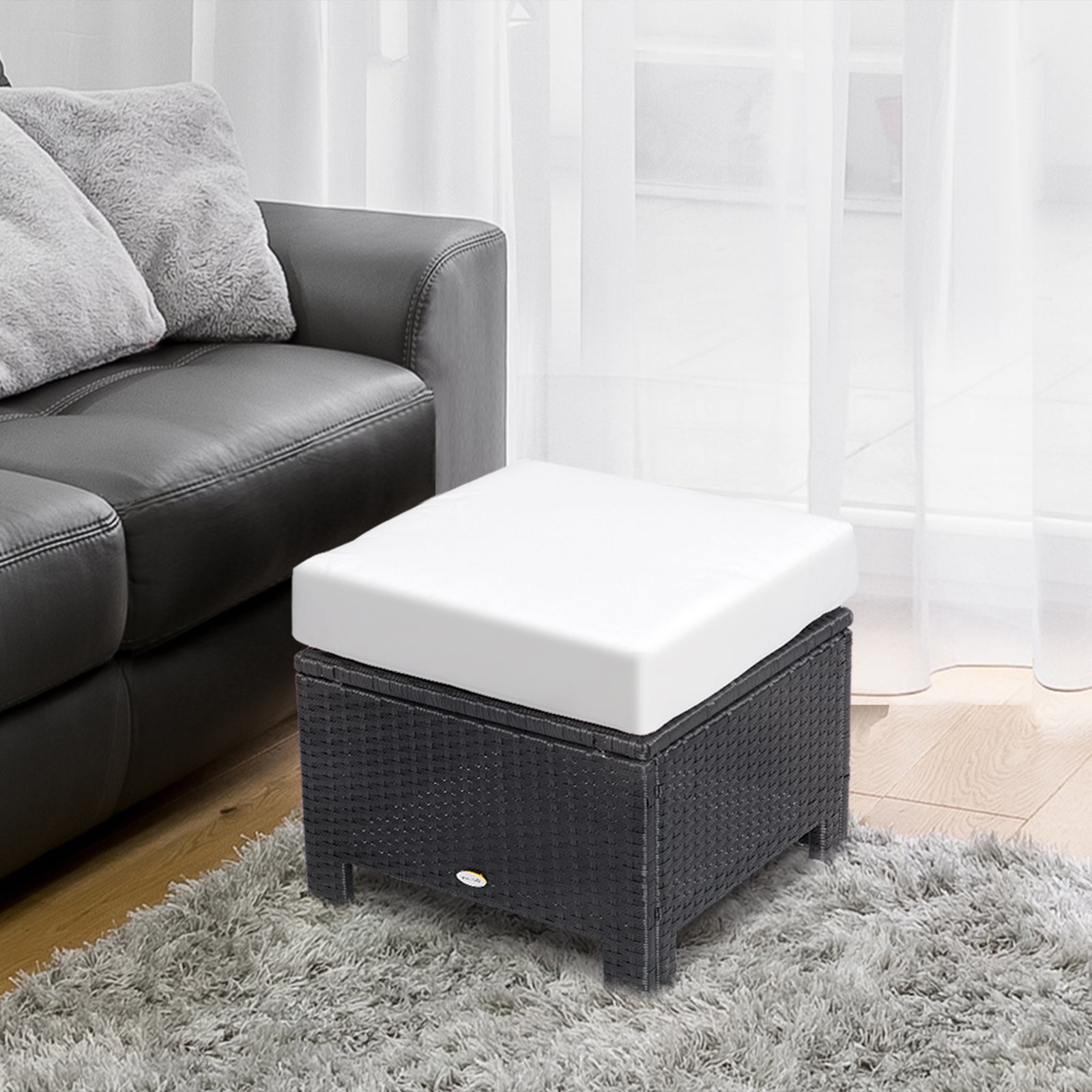 Rattan Footstool Wicker Ottoman With Padded Seat Cushion | Black