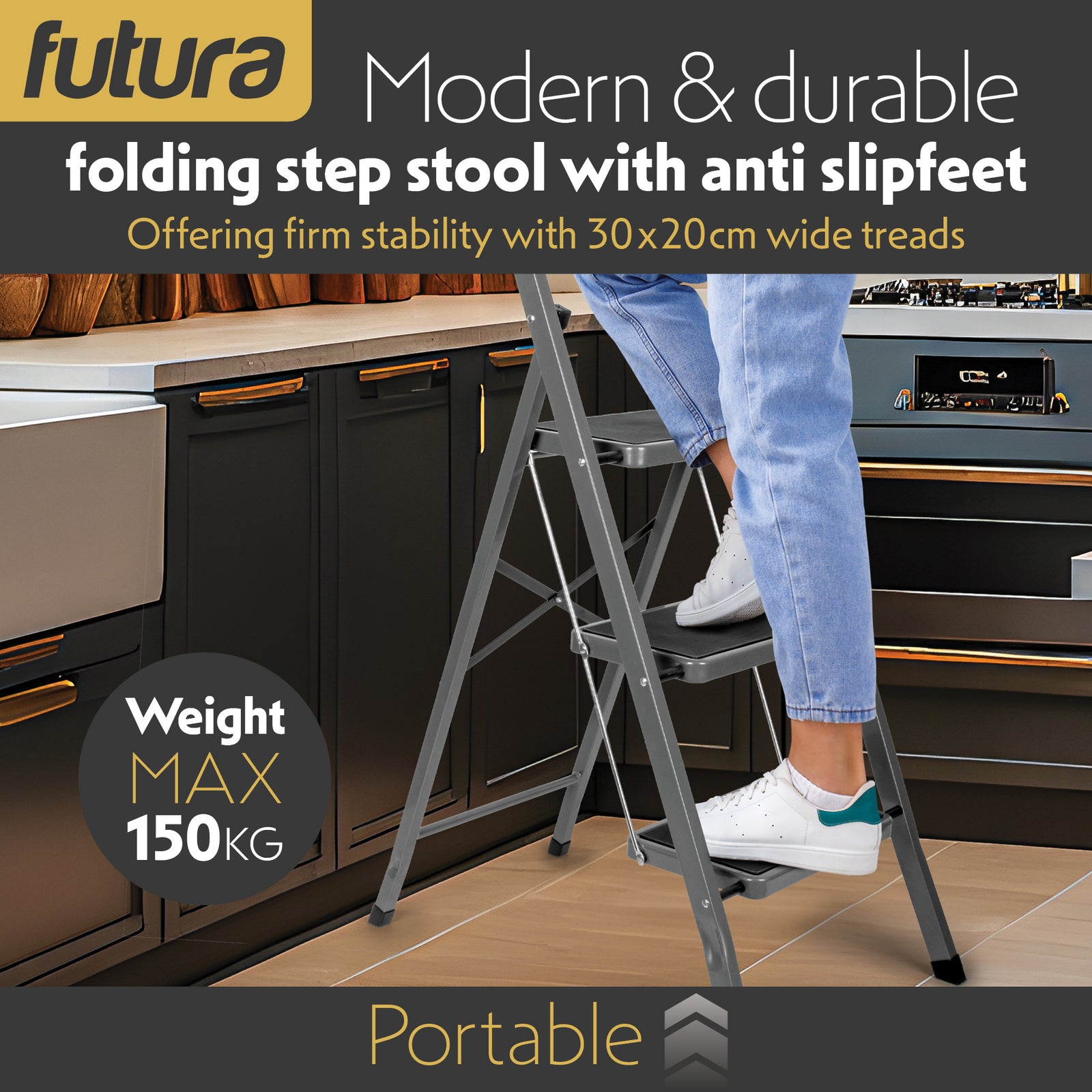 3 Step Ladder, Heavy-duty Steel Folding Home Diy Step Stool With Wide Non-slip Steps & Anti Slip Feet 150kg Capacity | 3 Step | Grey