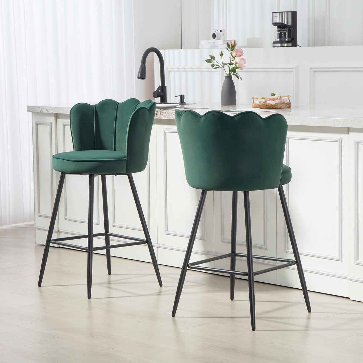 Barstool With Petal Backrest For Kitchen Island | Set of 2 | Dark Green