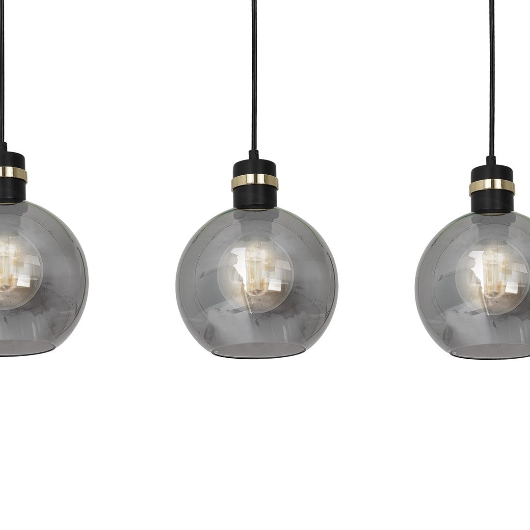 Omega Hand Made Linear Pendant Lamp With Elegant Smoked Glass Spheres Quality Matt Black Fittings With Gold Detail