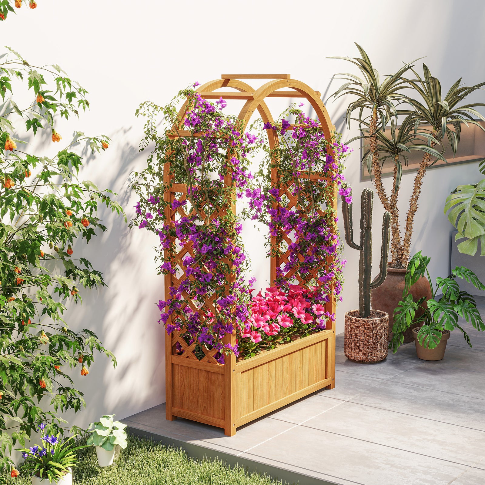 Wooden Raised Garden Bed With Arch Trellis