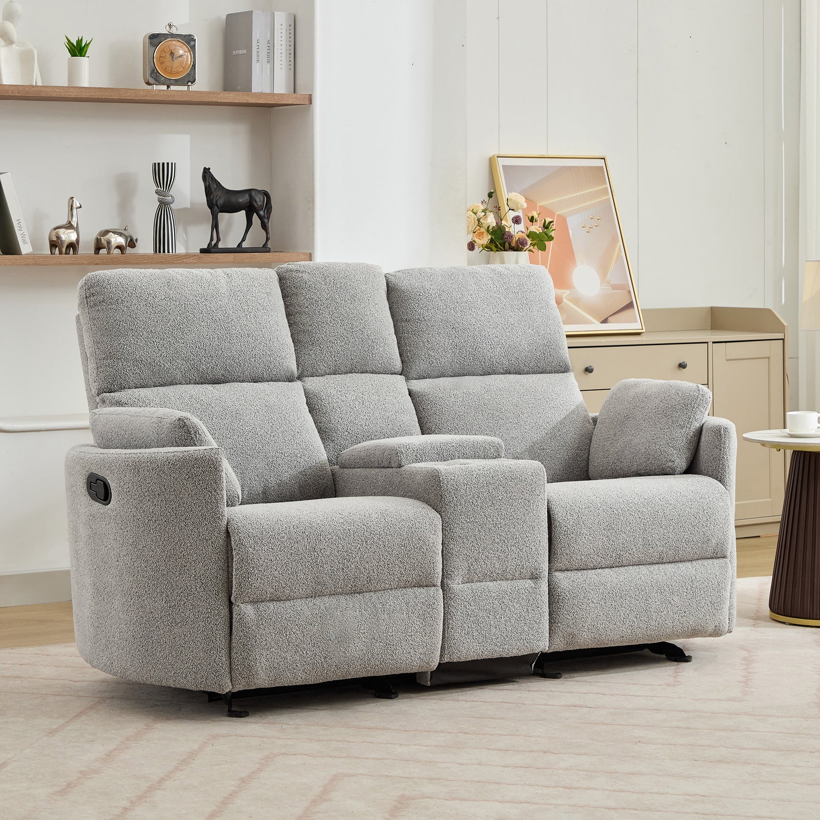 Powell 2 Seat Rocker Recliner Sofa With Centre Console | Light Grey