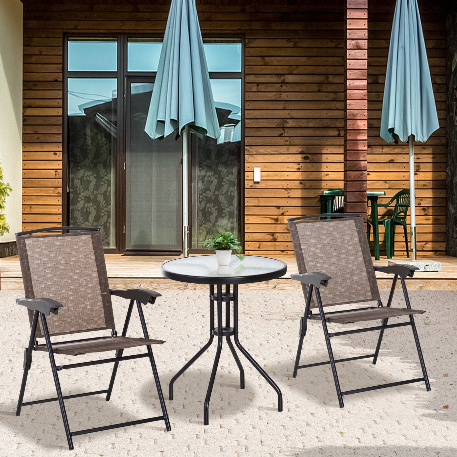 Patio Bistro Set Folding Chairs Garden Coffee Table Balcony | Brown