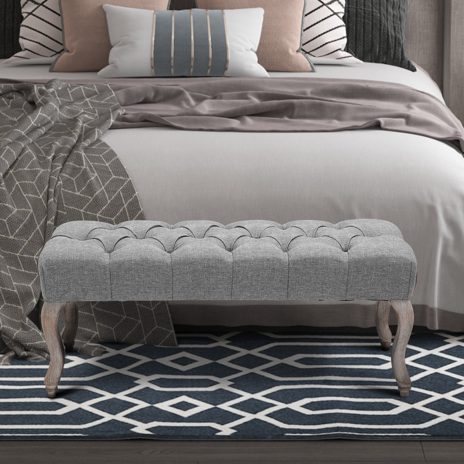 Tufted Upholstered Accent Bench Window Seat Fabric Ottoman