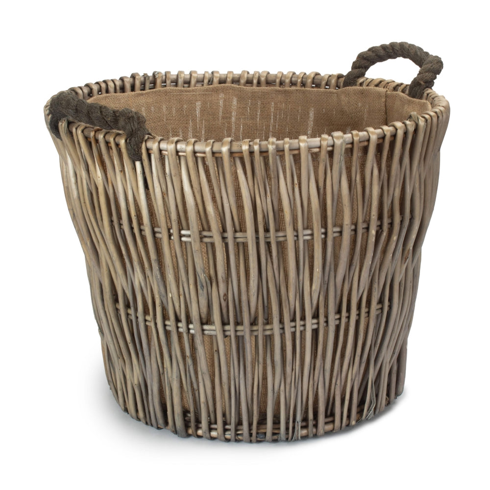 Wicker Round Grey Hessian Lined Log Basket