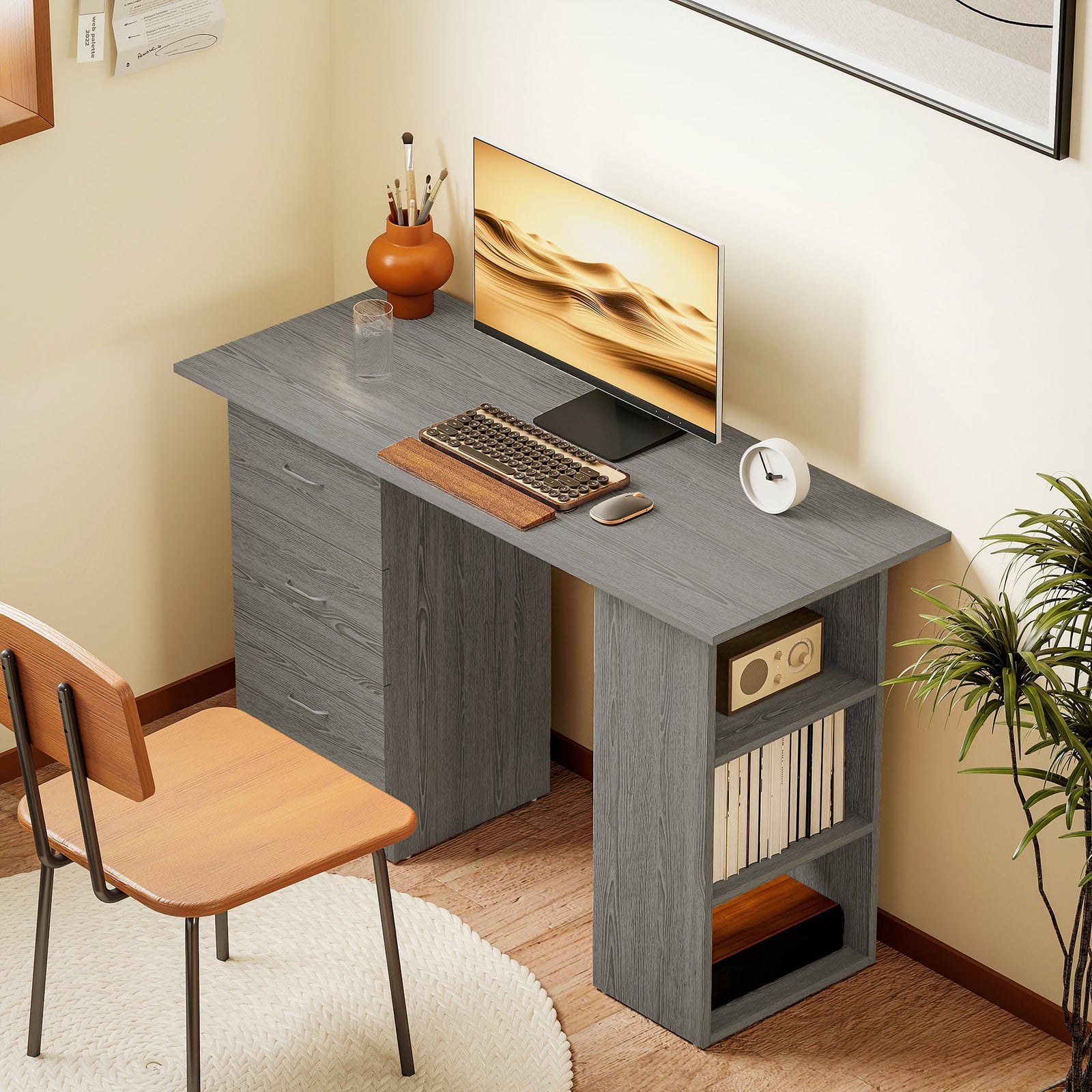 120cm Computer Desk, Study Table With 3 Shelf & Drawers | Grey