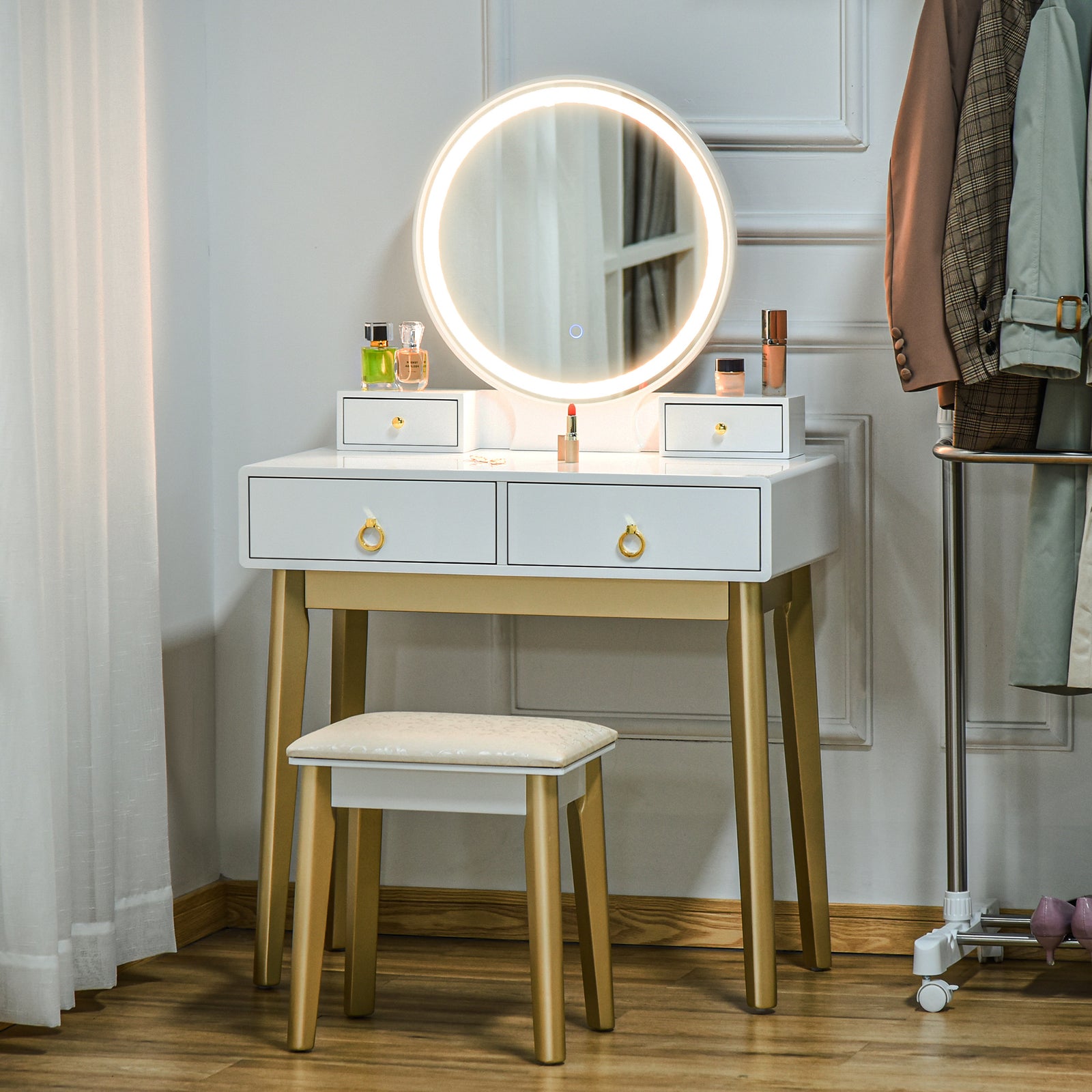 Dressing Table Set With Led Mirror Stool 4 Drawers