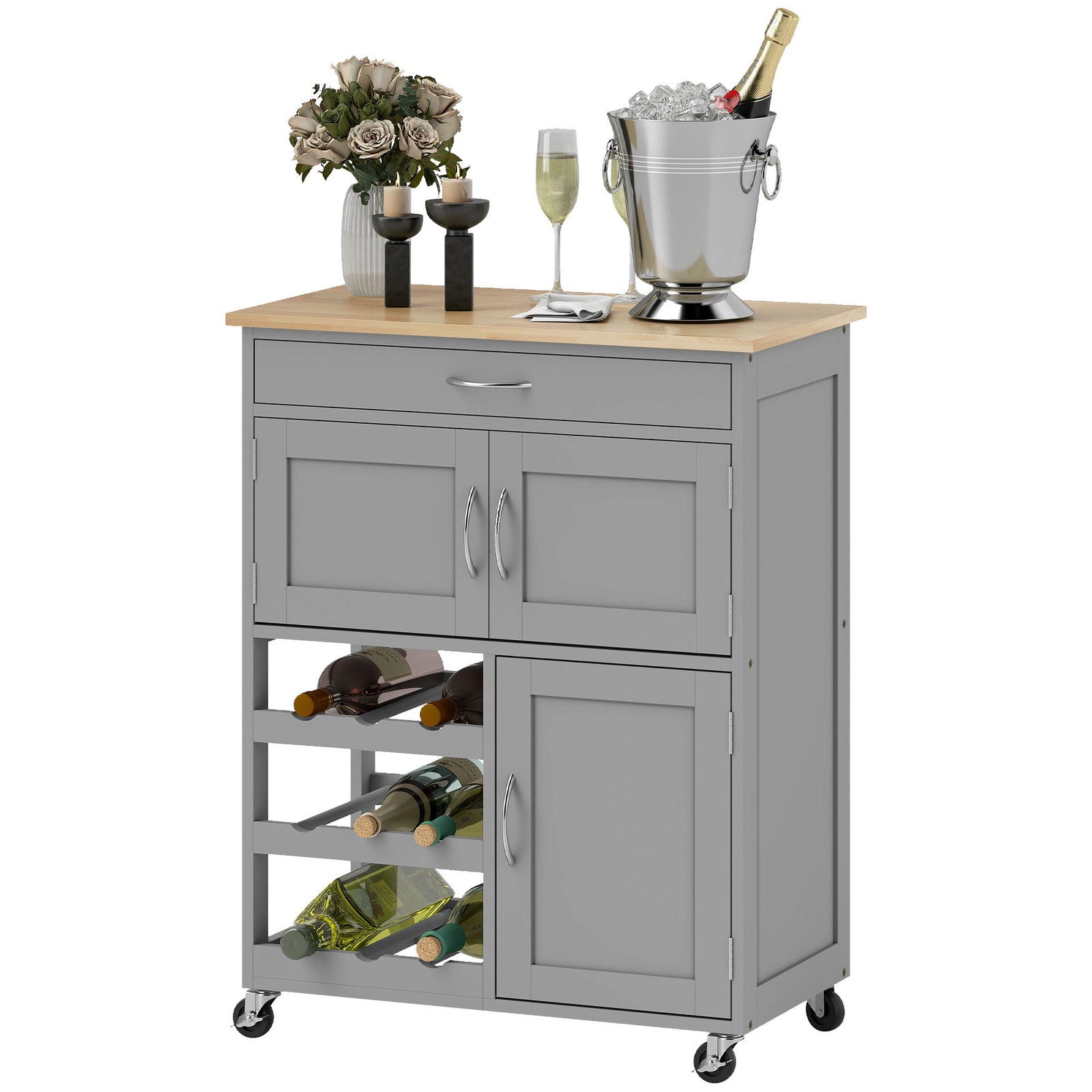 Rolling Kitchen Island Trolley Storage Cart W/ Rubberwood Top, Grey