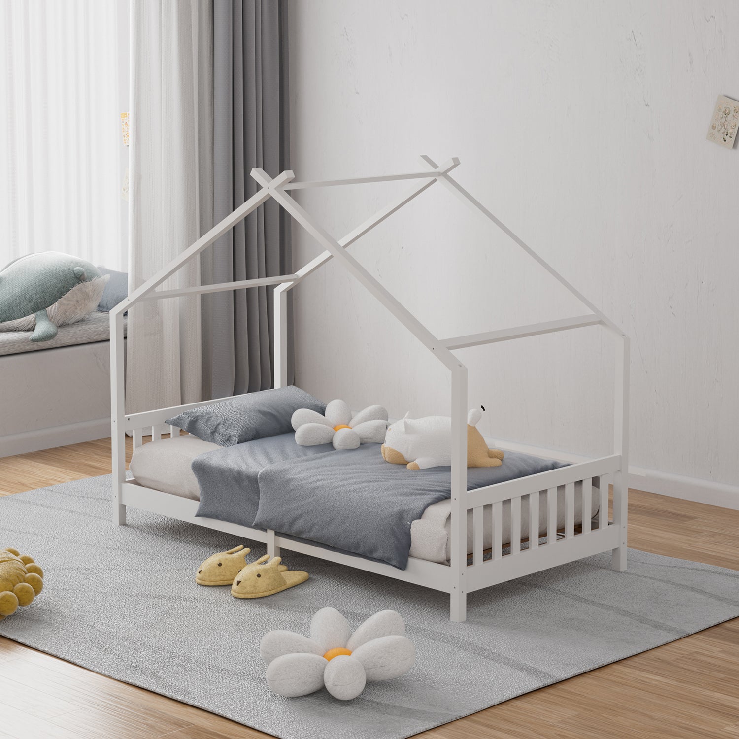 Kids Pine Wood House Bed Frame With Guardrails – 190cm X 90cm Low Design White  Toddler Single Bed