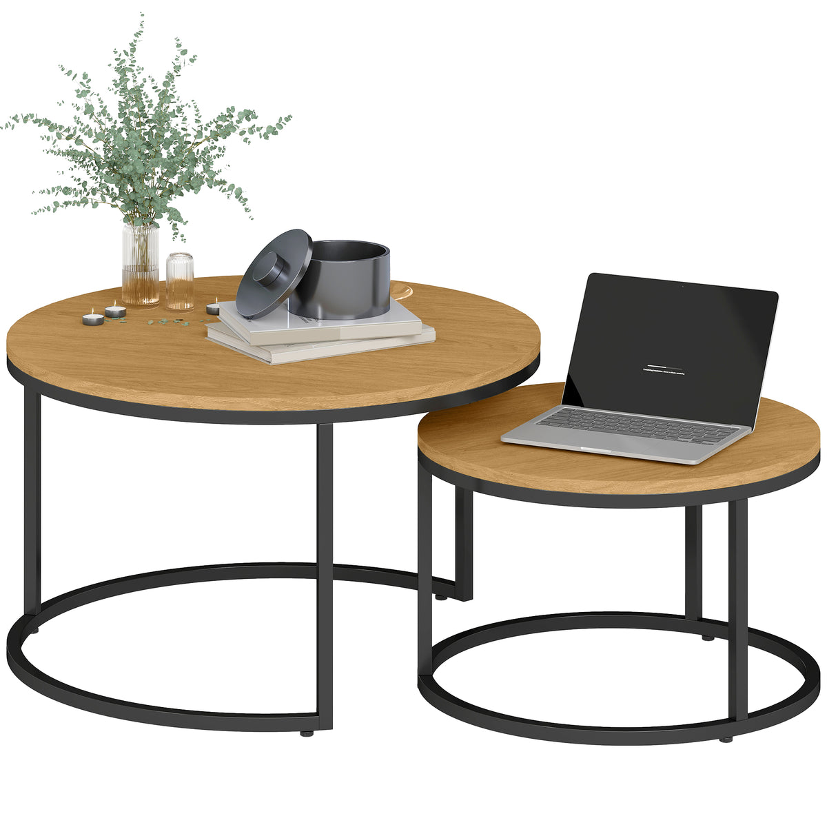 2 Pcs Stacking Coffee Table Set With Steel Frame | Brown