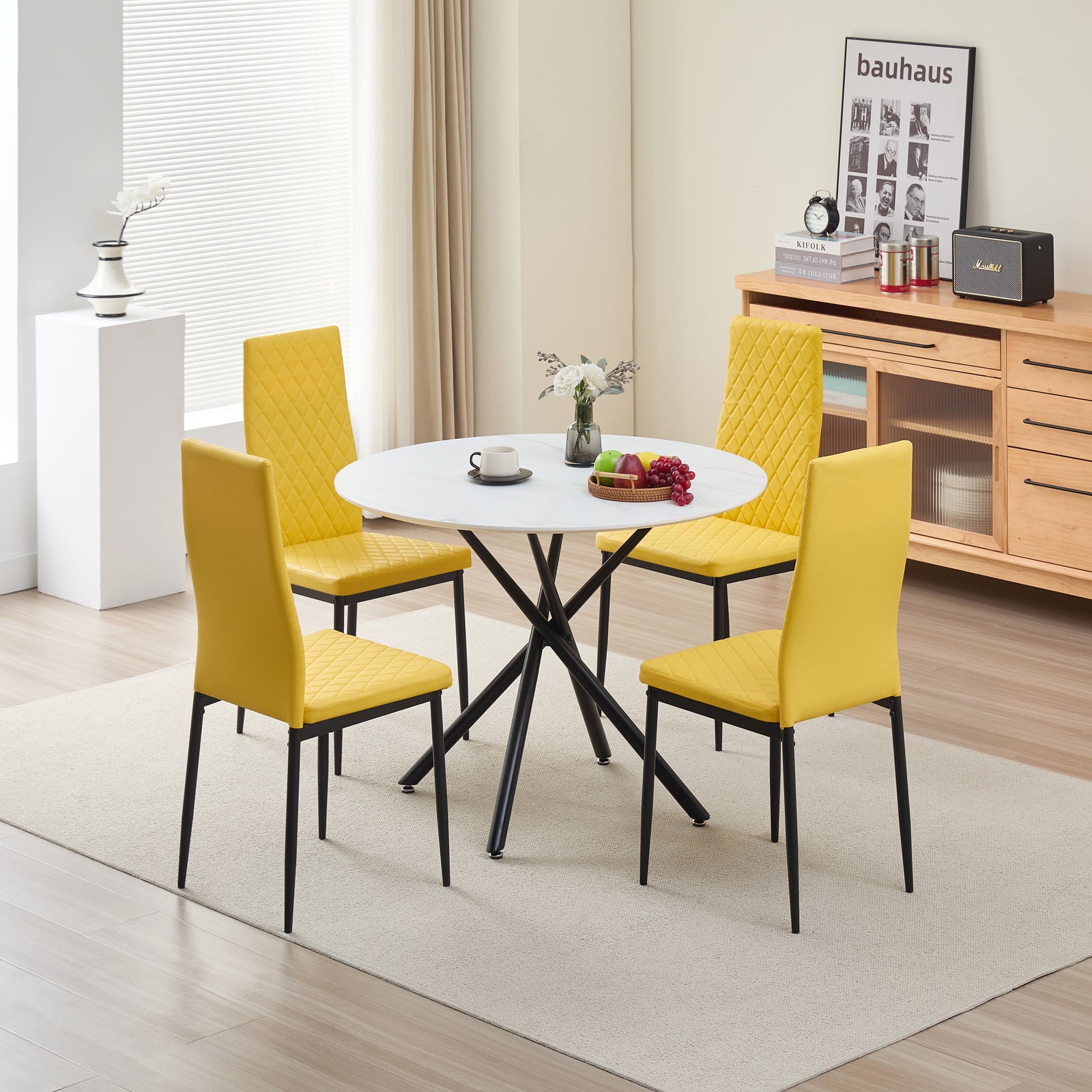 Stylish Seattle Dining Table Set With 4 Emily Faux Leather Chairs | Mustard