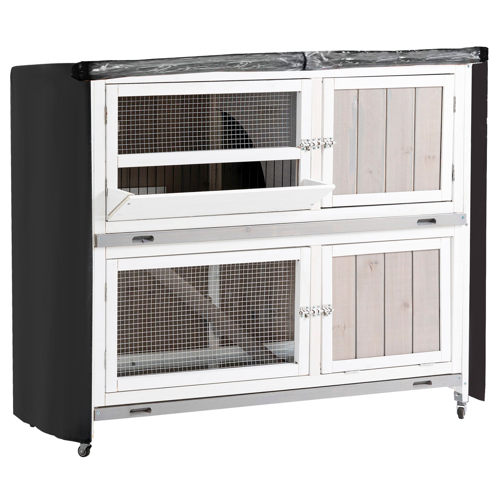 Two-tier Wooden Rabbit Hutch W/ Wheels, Trough, Rain Cover, Tray 
Grey