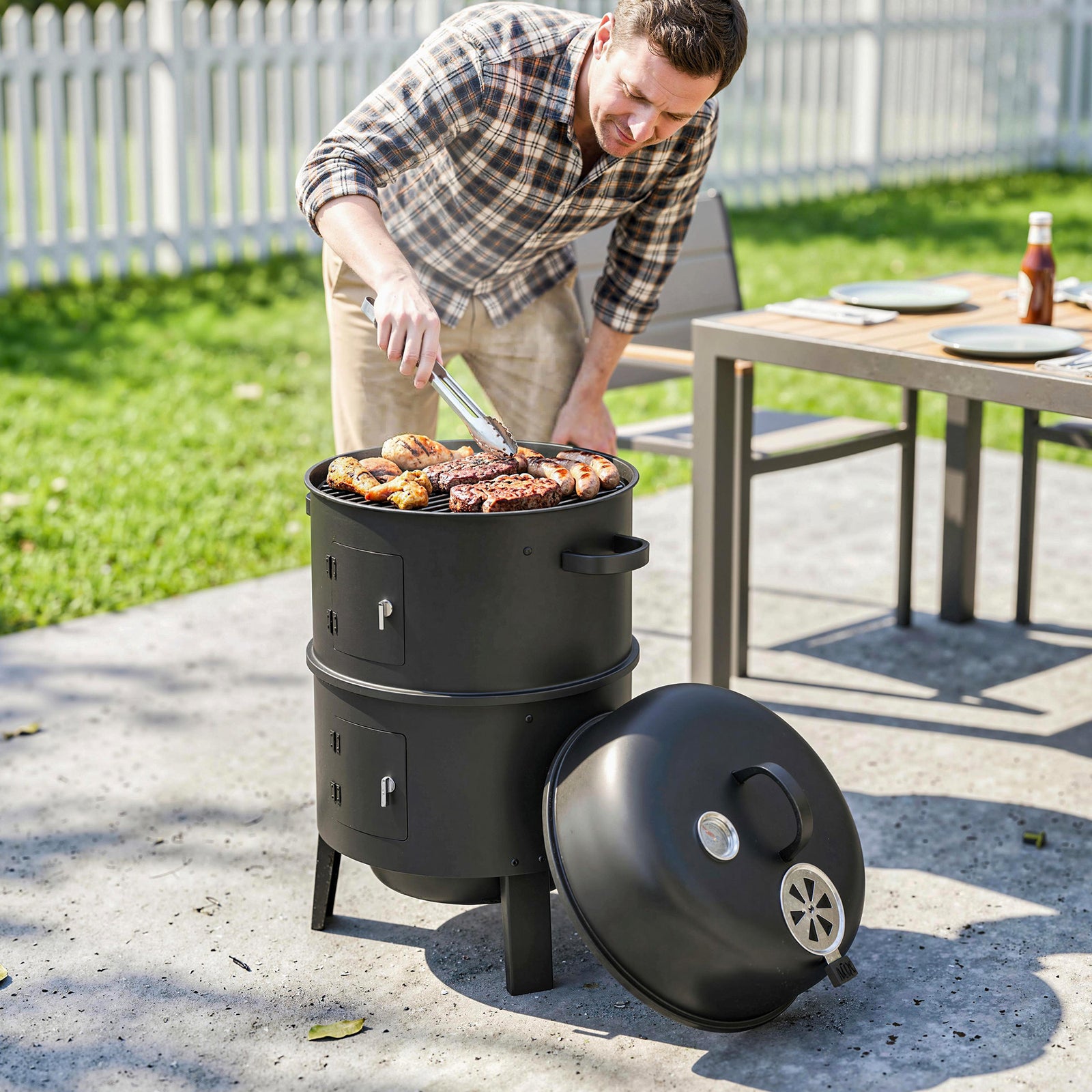 3-in-1 Vertical Charcoal Smoker With 2 Grill Grates, Thermometer