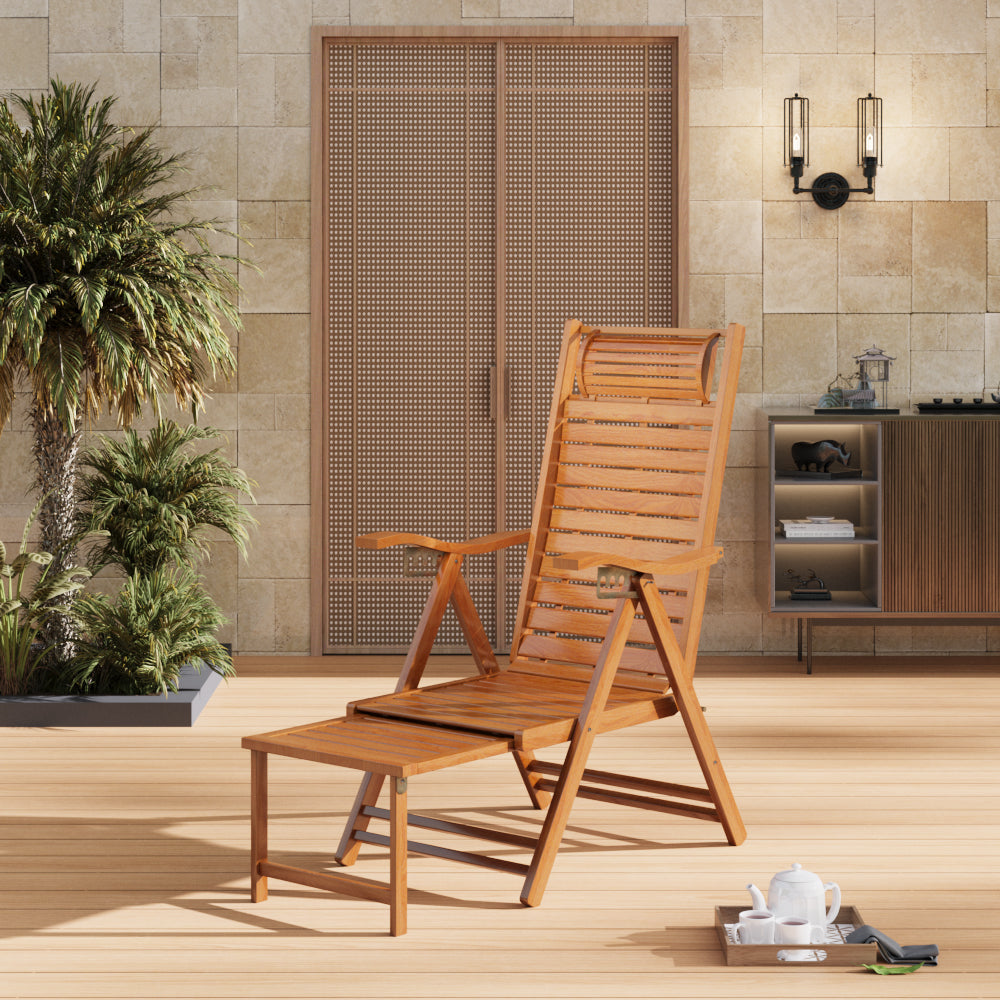 Bamboo Foldable Recliner Lounge Chair With Retractable Footrest | Dark Brown