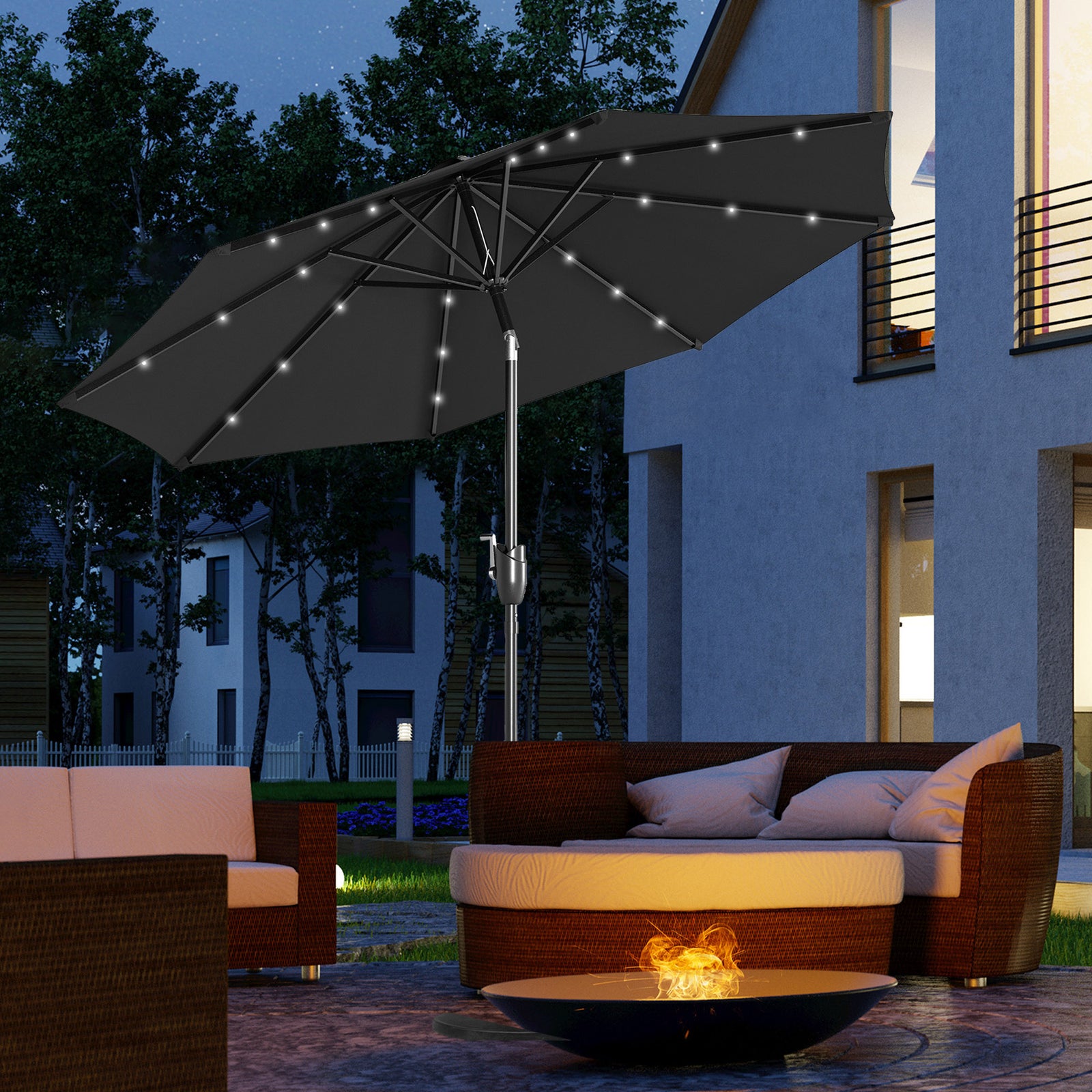 Parasol Patio Umbrella W/ Led Light Crank | Black
