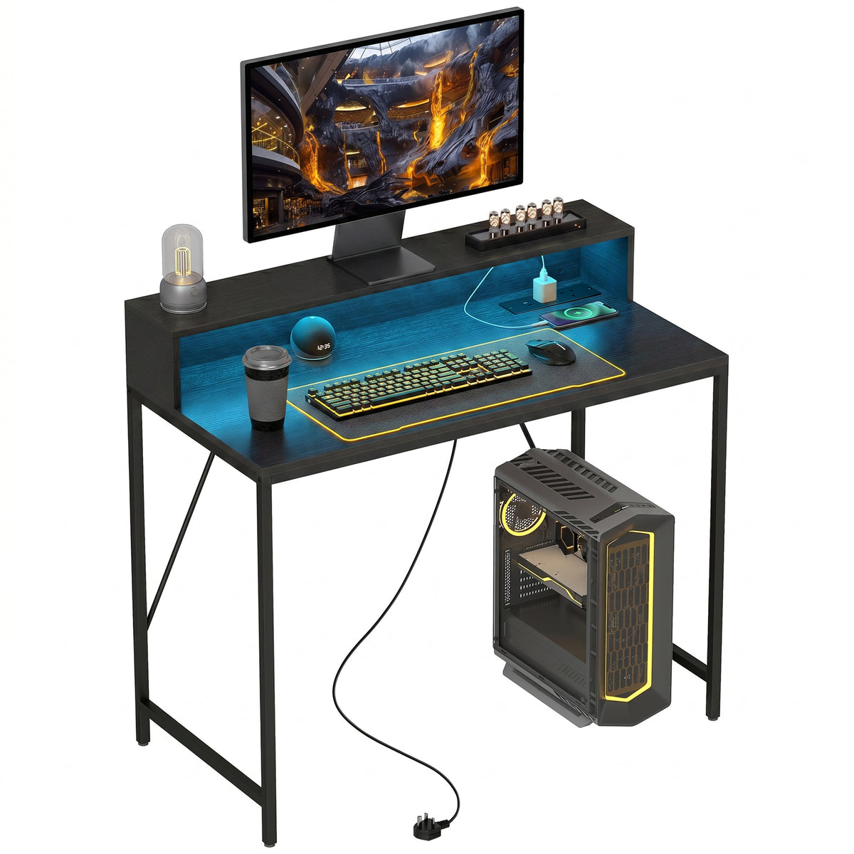 HOMCOM Gaming Desk With Led Lights And Power Outlets, Black Wood-effect