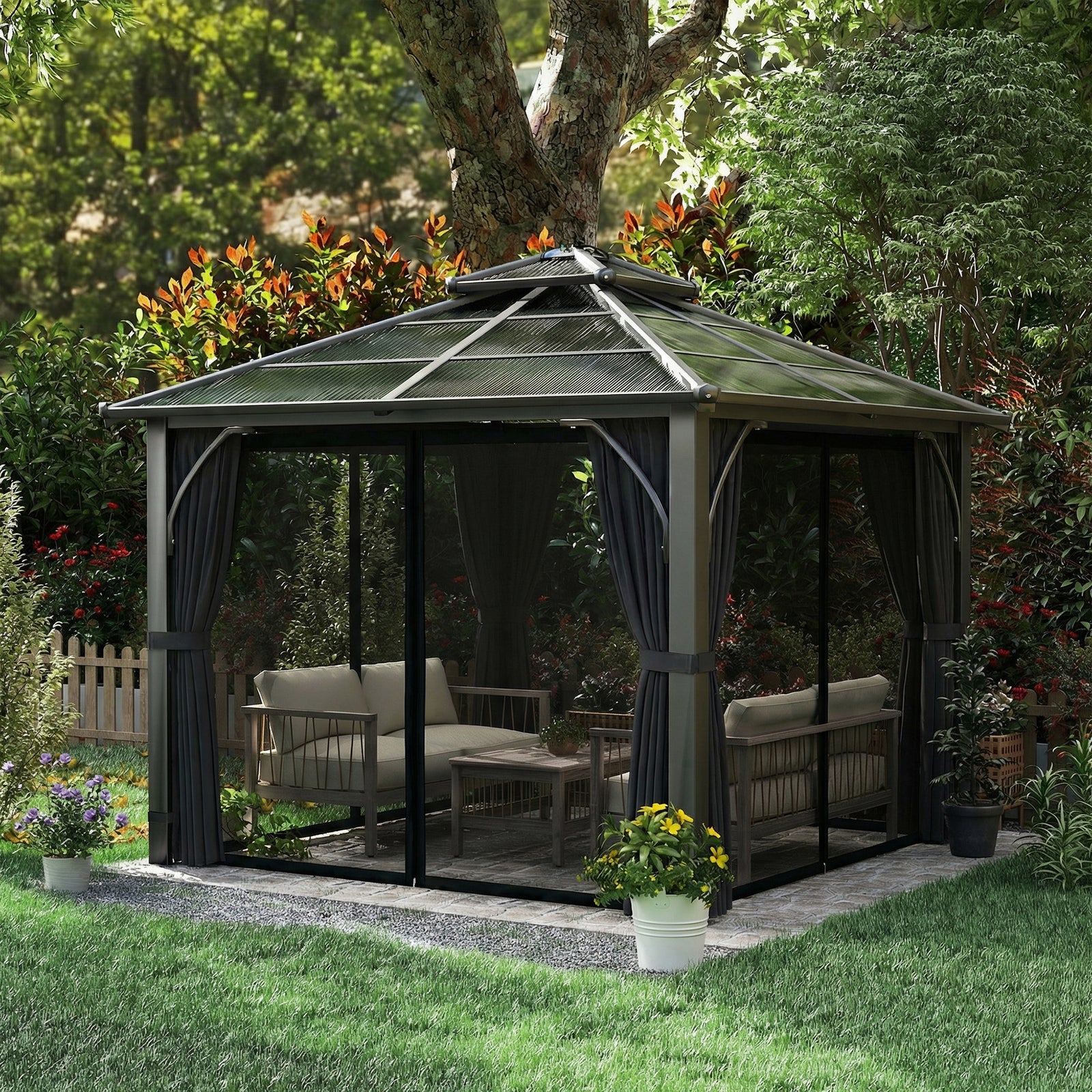2.5x2.5 M Hardtop Gazebo With Polycarbonate Roof & Sides | Dark Grey