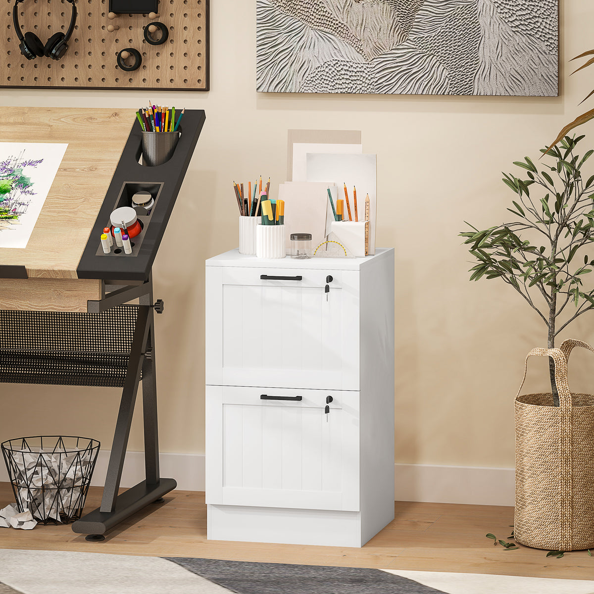 HOMCOM 2 Drawer File Cabinet With Lock And Adjustable Hanging Bars, White
