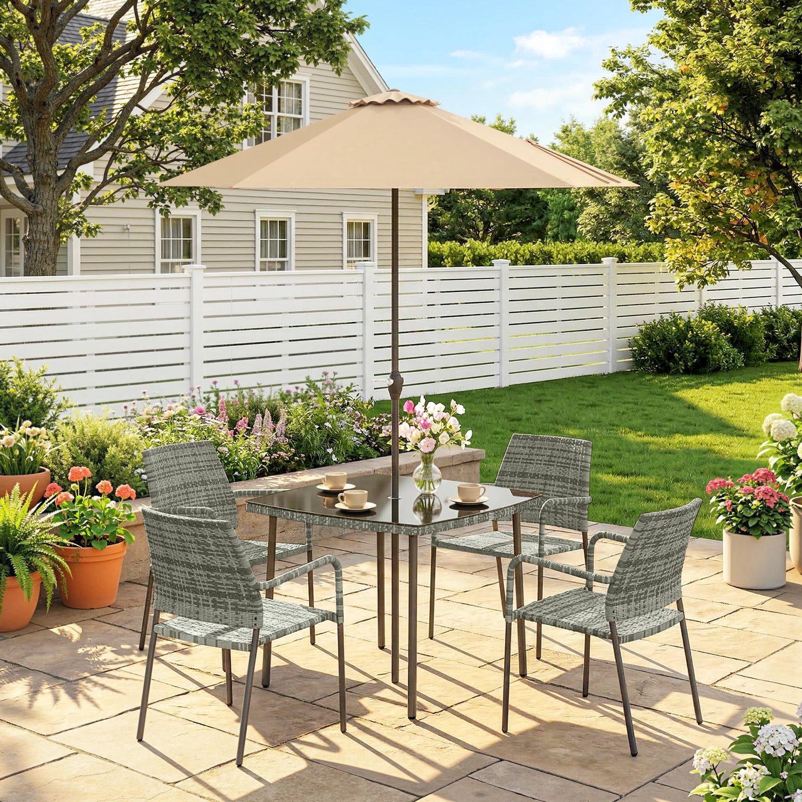 4 Seater Rattan Dining Set With Parasol | Grey