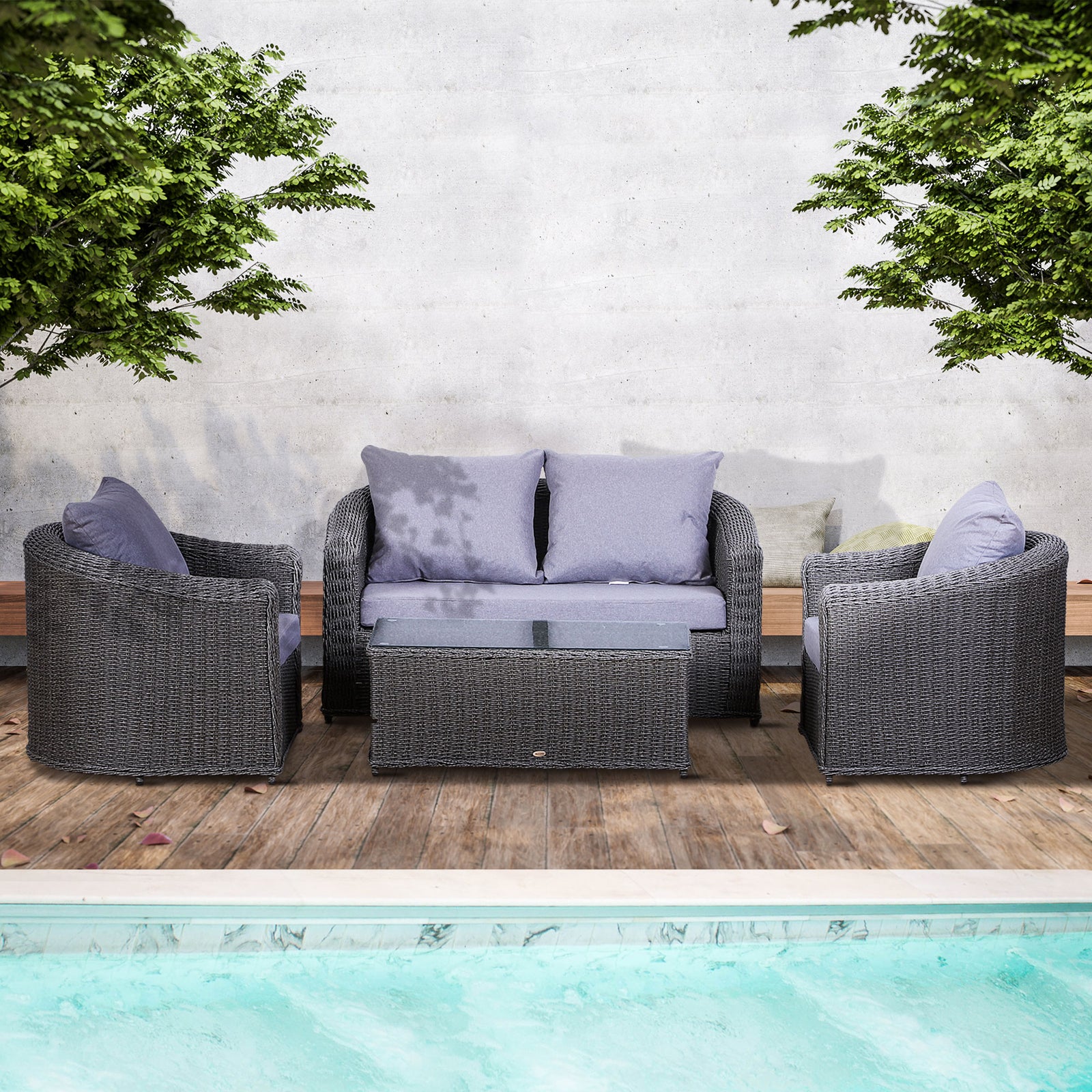 4-seater Rattan Sofa Set Table Chair Bench Grey