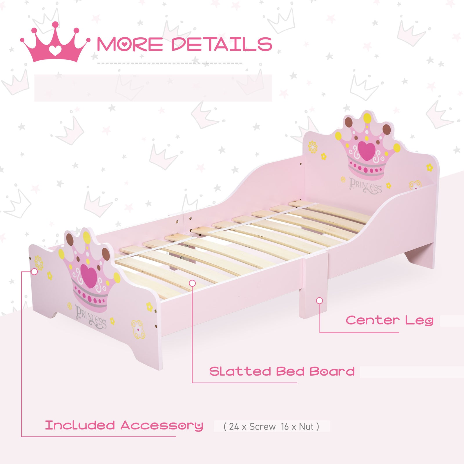 Kids Wooden Princess Crown & Flower Single Bed With Safety Side Rails Slats Pink