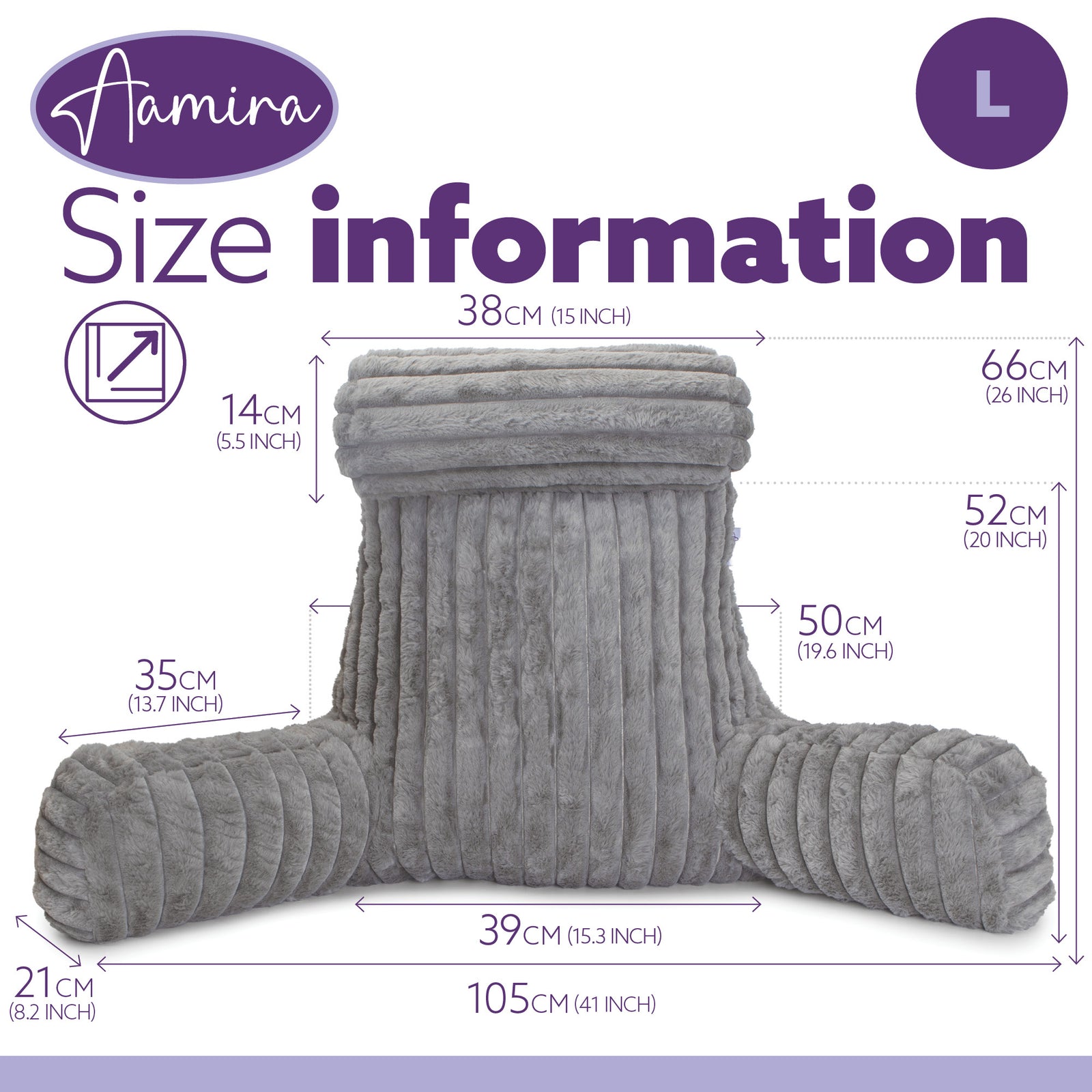 Luxurious Xl Reading Pillow Detachable Headrest, Soft Ribbed Faux Fur, Memory Foam Cuddle Cuddle Cushion Backrest | XL | Grey