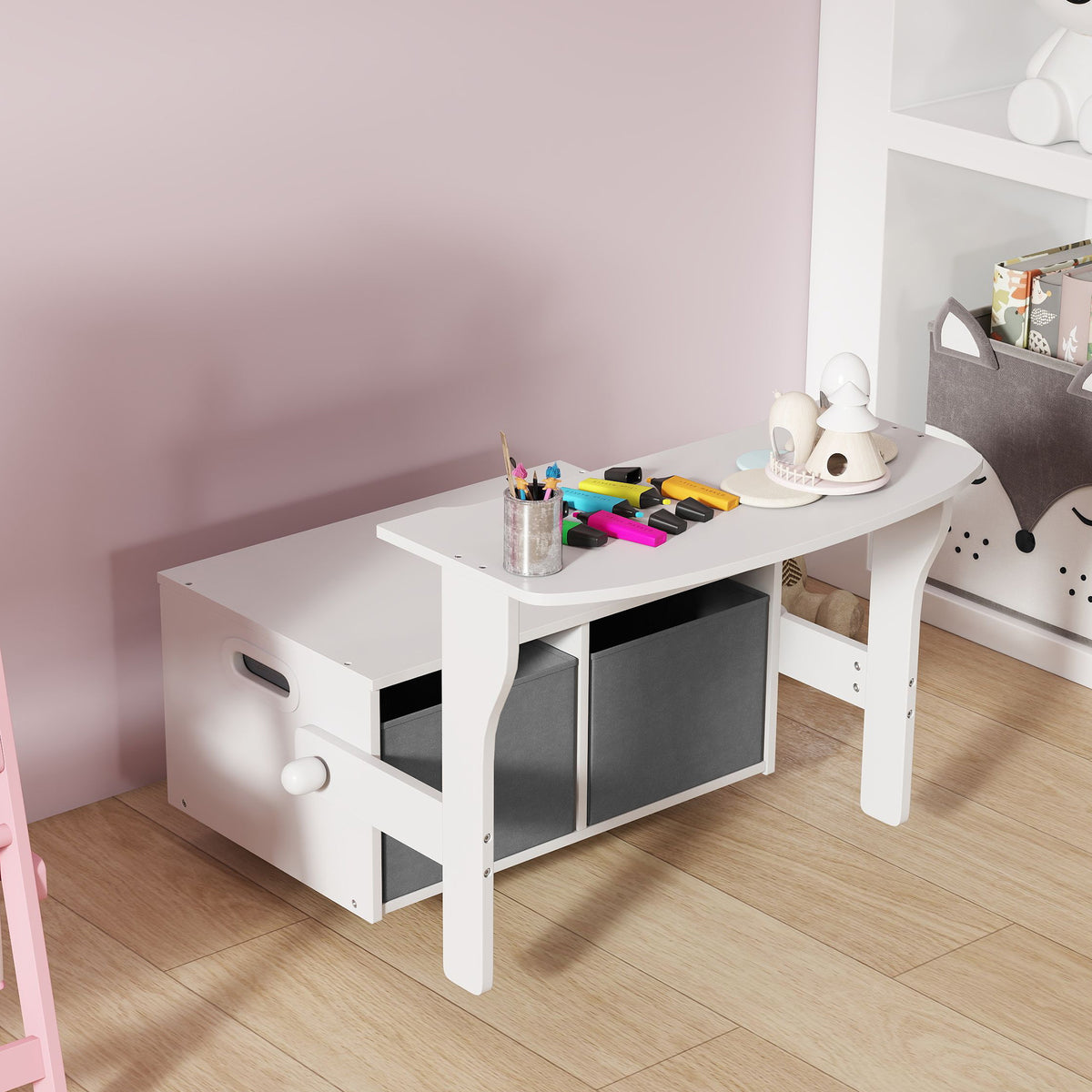 AIYAPLAY 3 In 1 Kids Storage Bench, Toddler Table And Chair Set, White