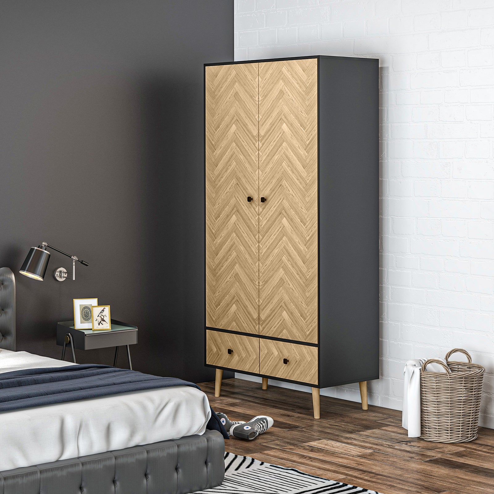 Modern Wardrobe Cabinet With Shelf Hanging Rod 2 Drawers
