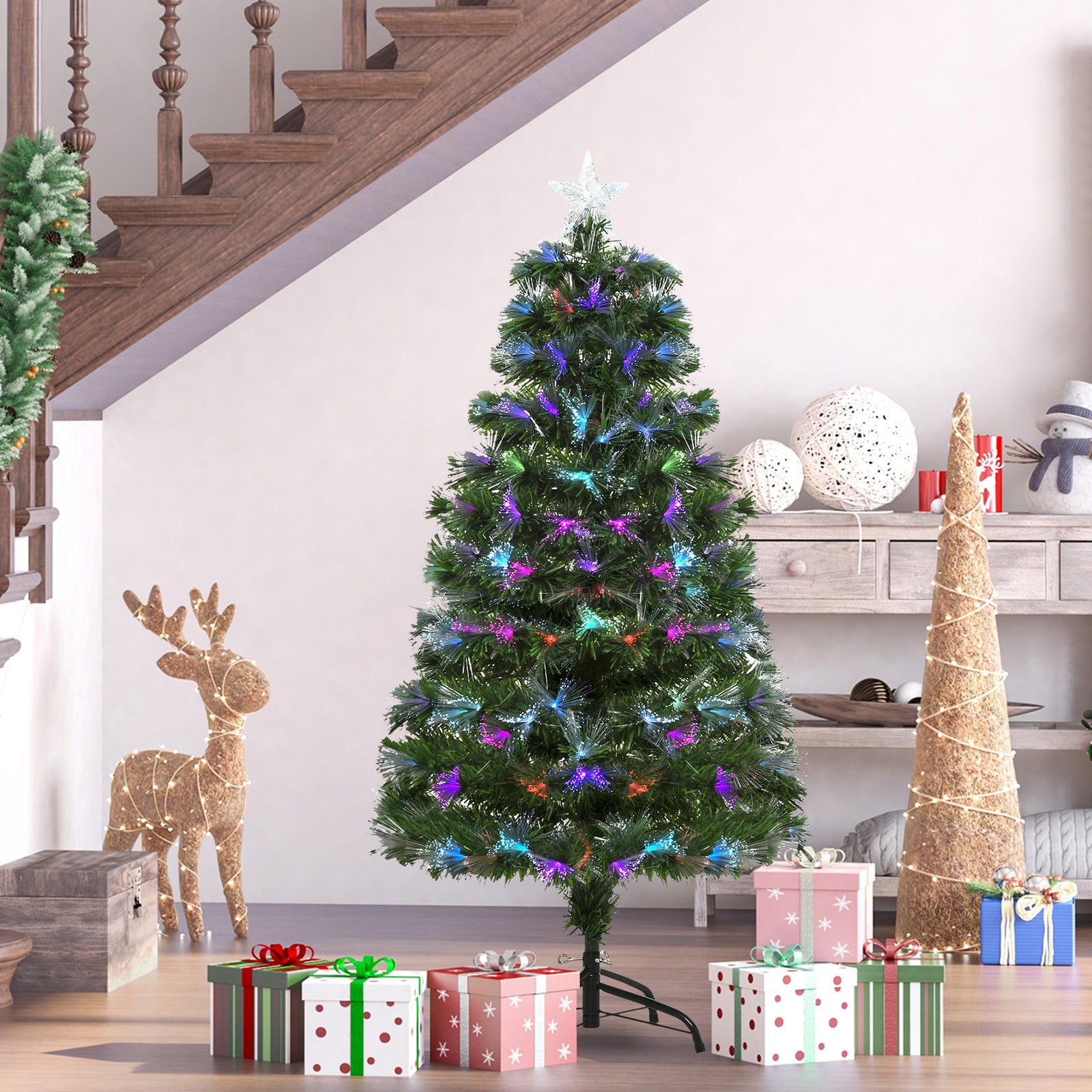 4ft Multicoloured Artificial Christmas Tree W/ Pre-lit Modes Metal Stand | 4ft | Green