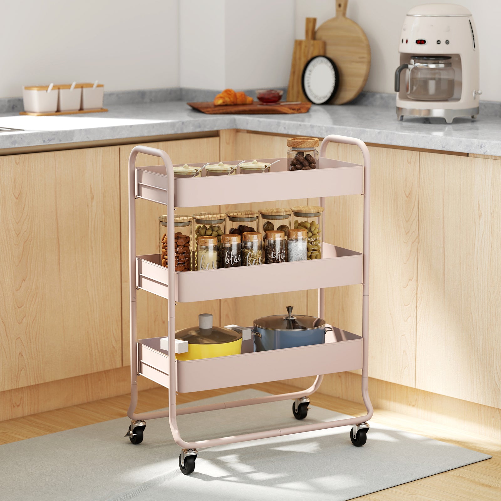 3-tier Storage Trolley, Storage Cart With Mesh Backets, Wheels | Pink