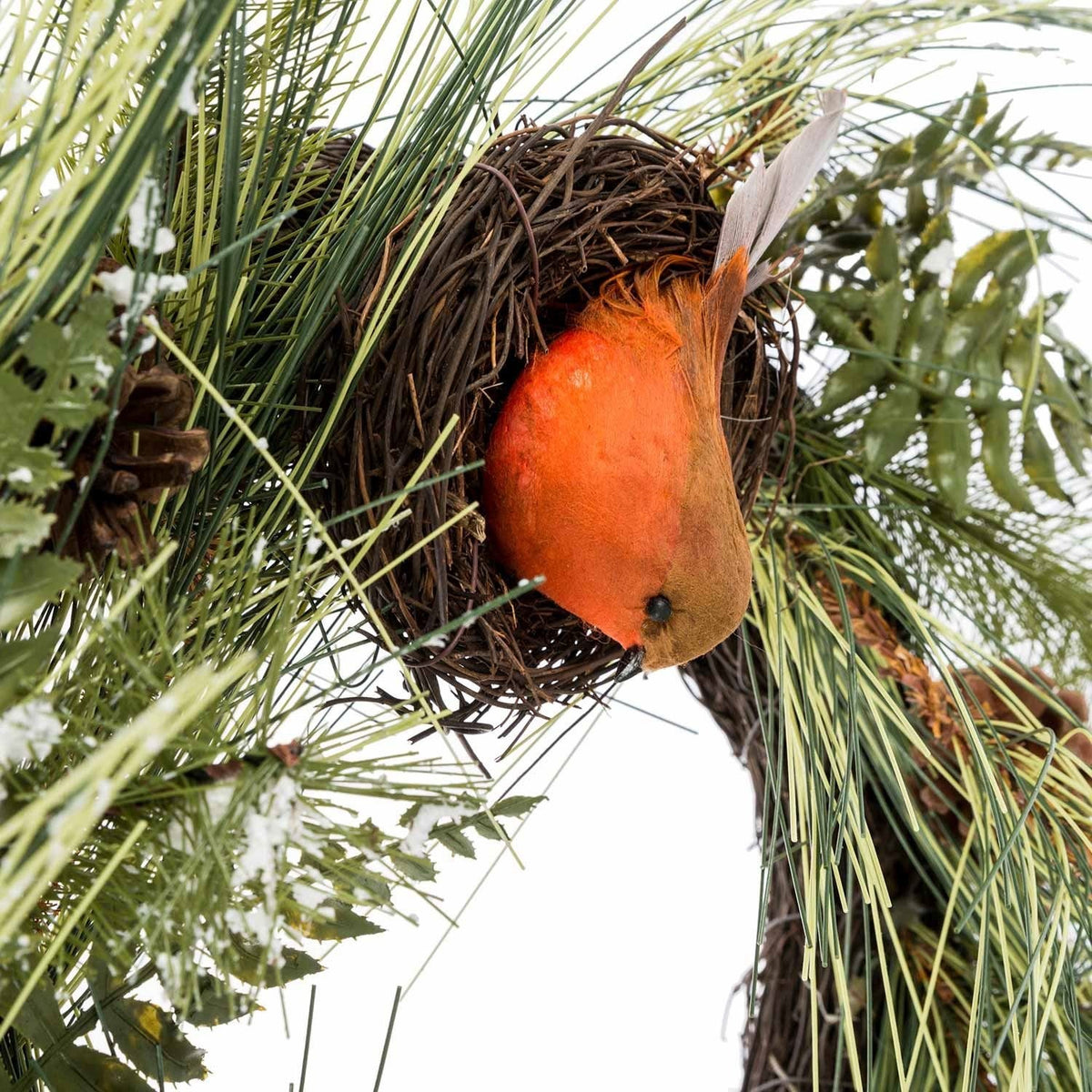HOMESCAPES Artificial Christmas Wreath With Robins Nests, 16 Inch