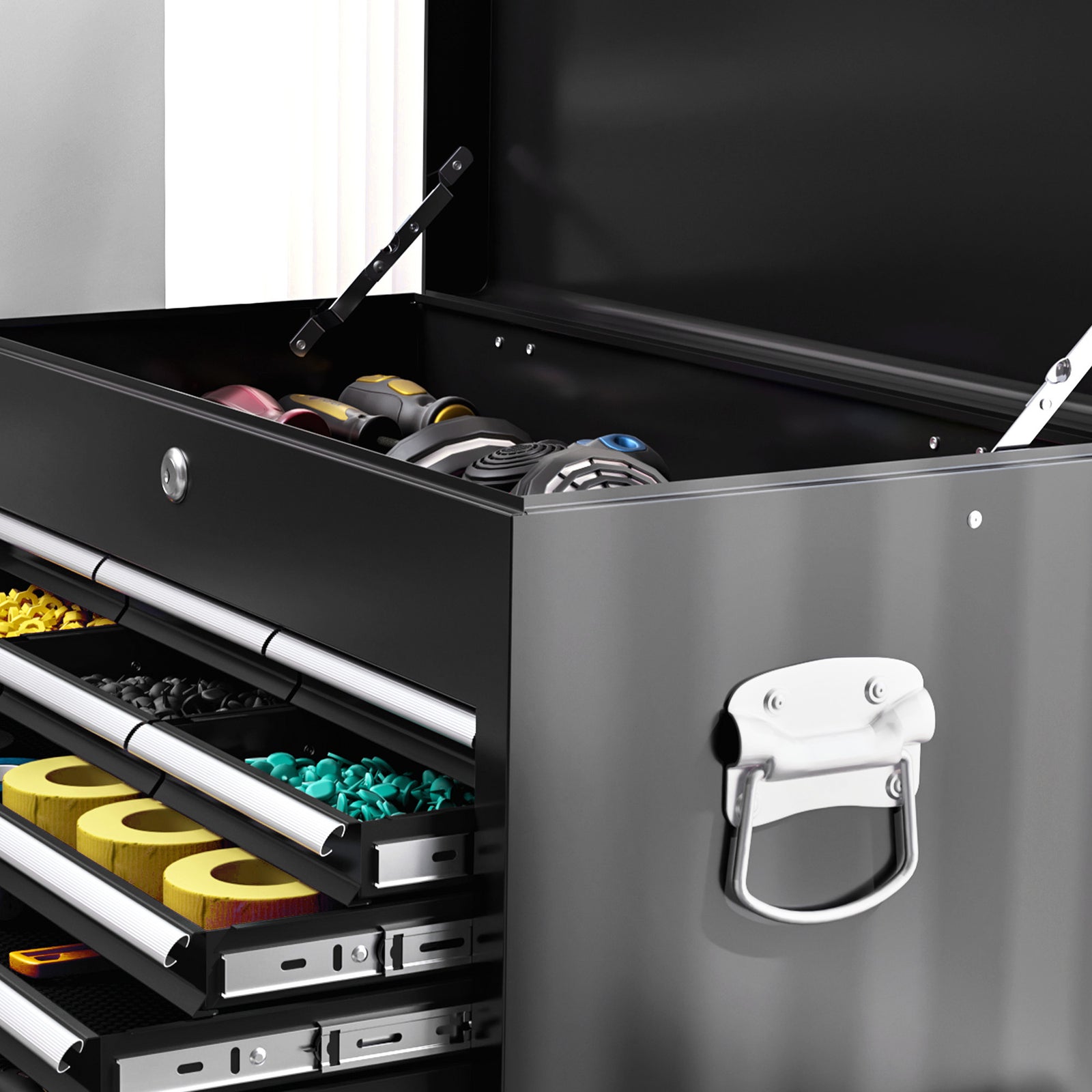 14 Drawer Tool Cabinet, Lockable, Wheels | Black