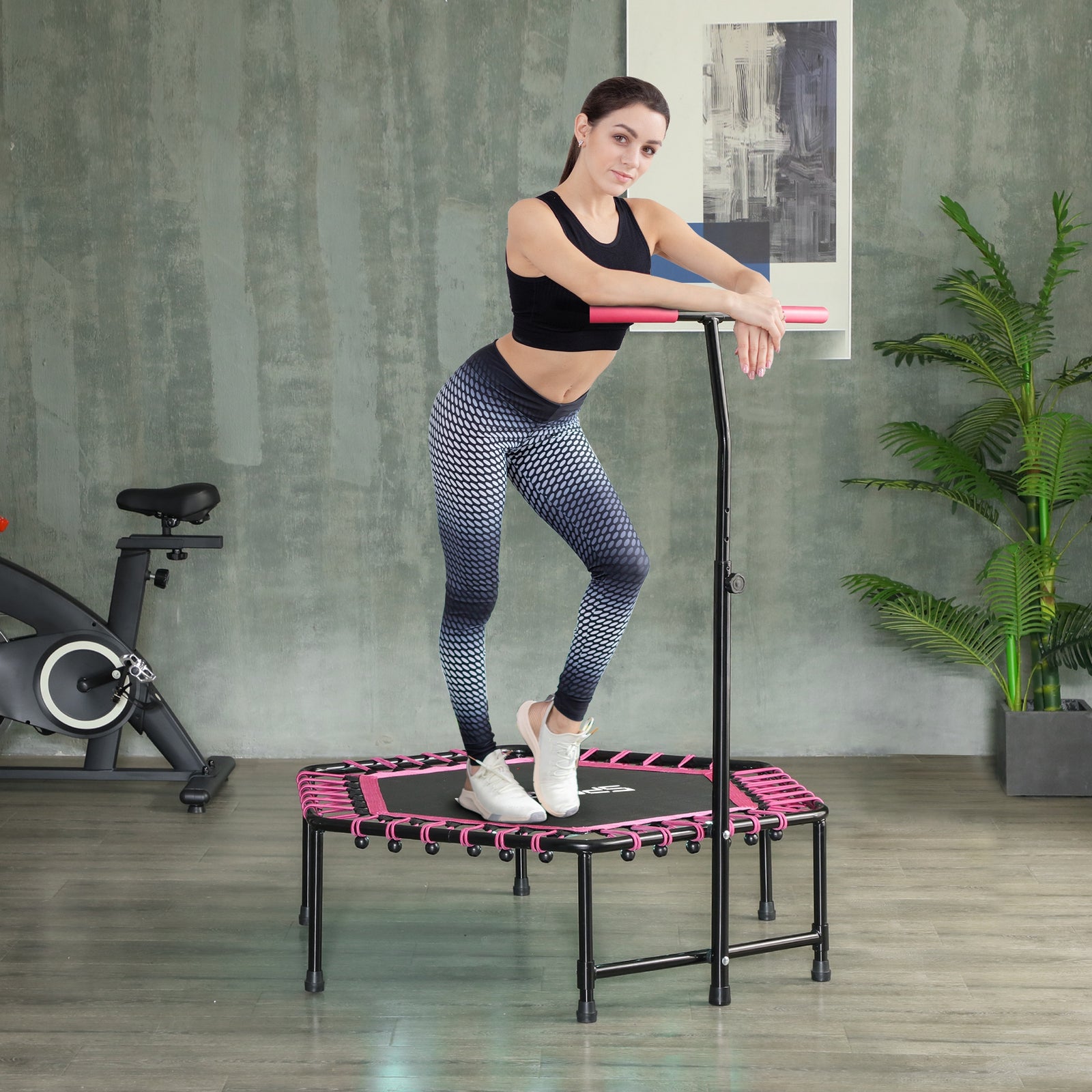 45" Fitness Trampoline With Adjustable Handle, Led Lights | Pink