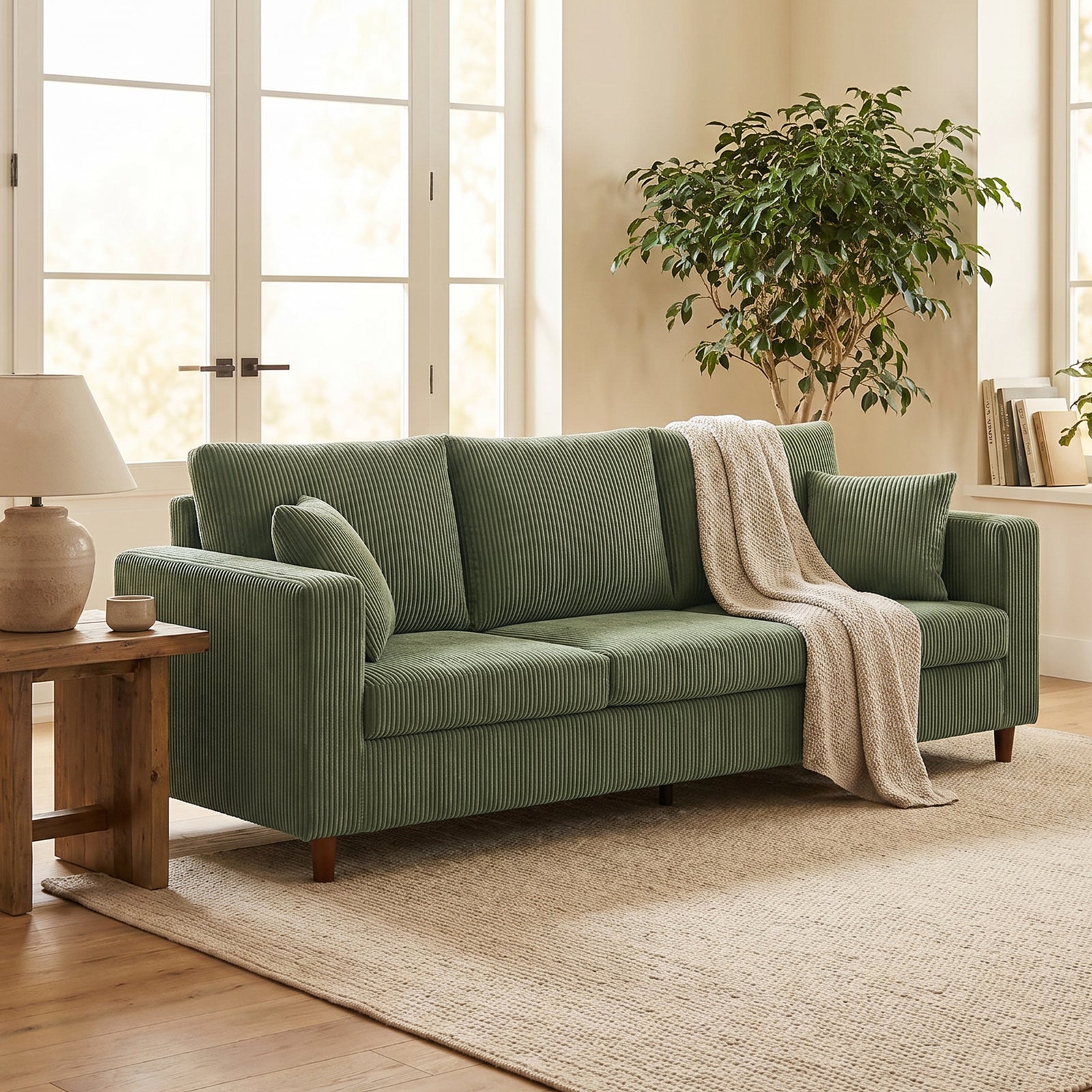 3 Seater Sofa With Wide Seat, Corduroy Upholstered | Green