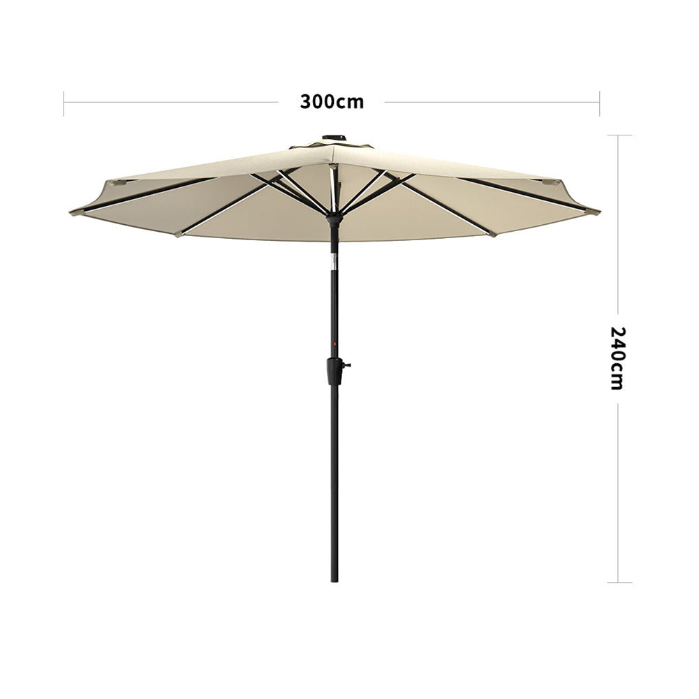 3m Solar Led Patio Umbrella, Outdoor Parasol With 16 Led Tubes, Crank Lift & Push Button Tilt Without Base | One Size | Beige