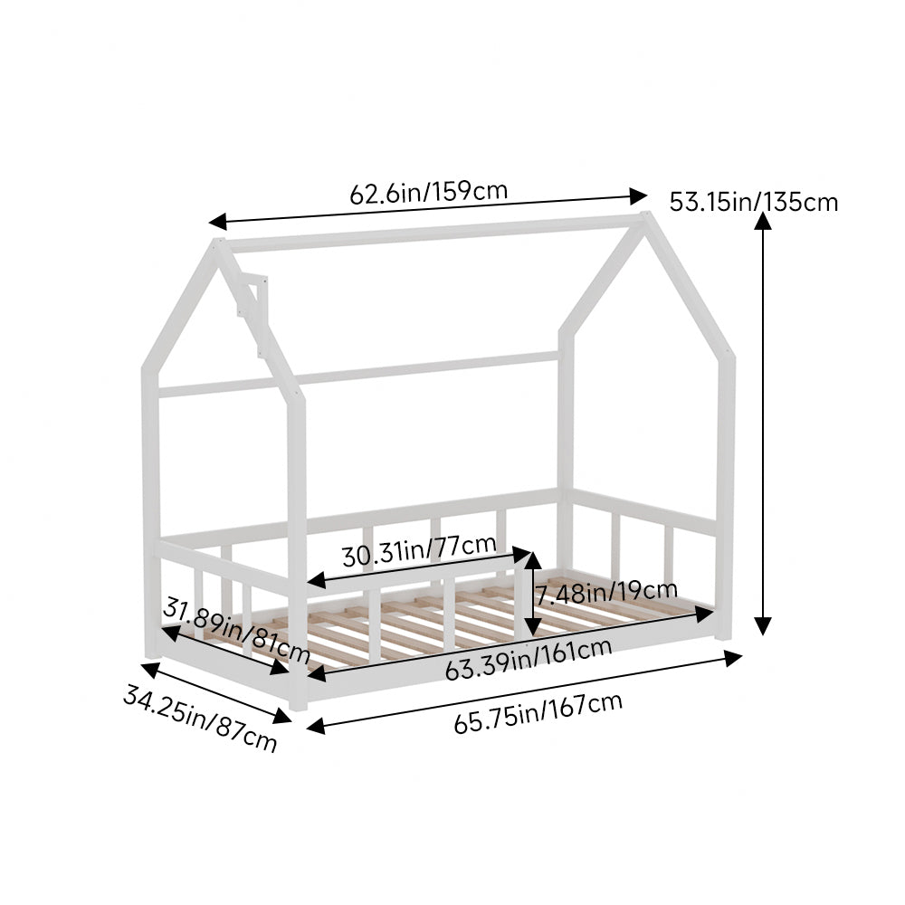 Kids Pine Wood House Bed Frame With Guardrails – 160cm X 80cm Low Design Single Toddler Bed For Safe And Fun Sleep | White