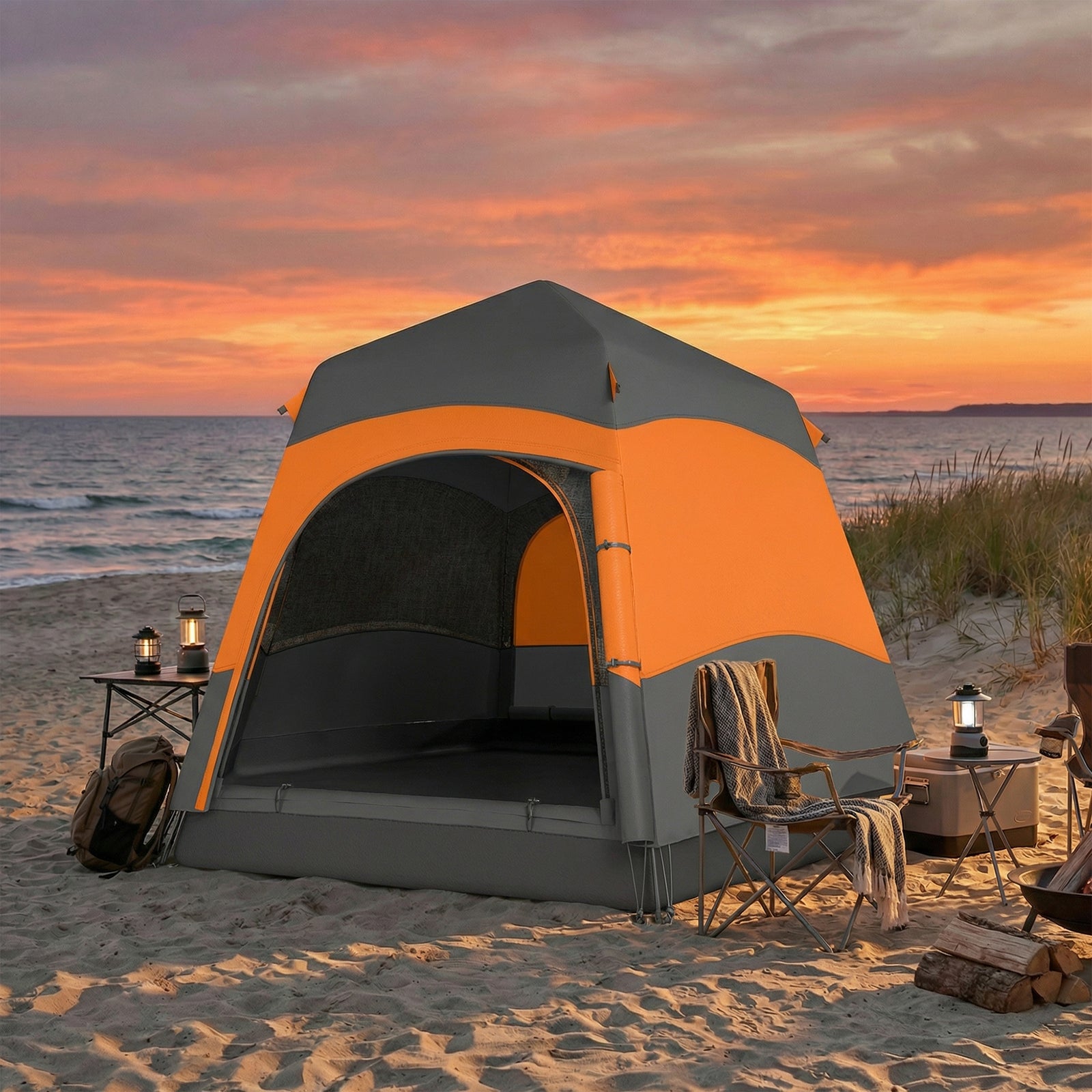 Double Layer Pop Up Tent With Rainfly, Portable Camping Shelter | Orange