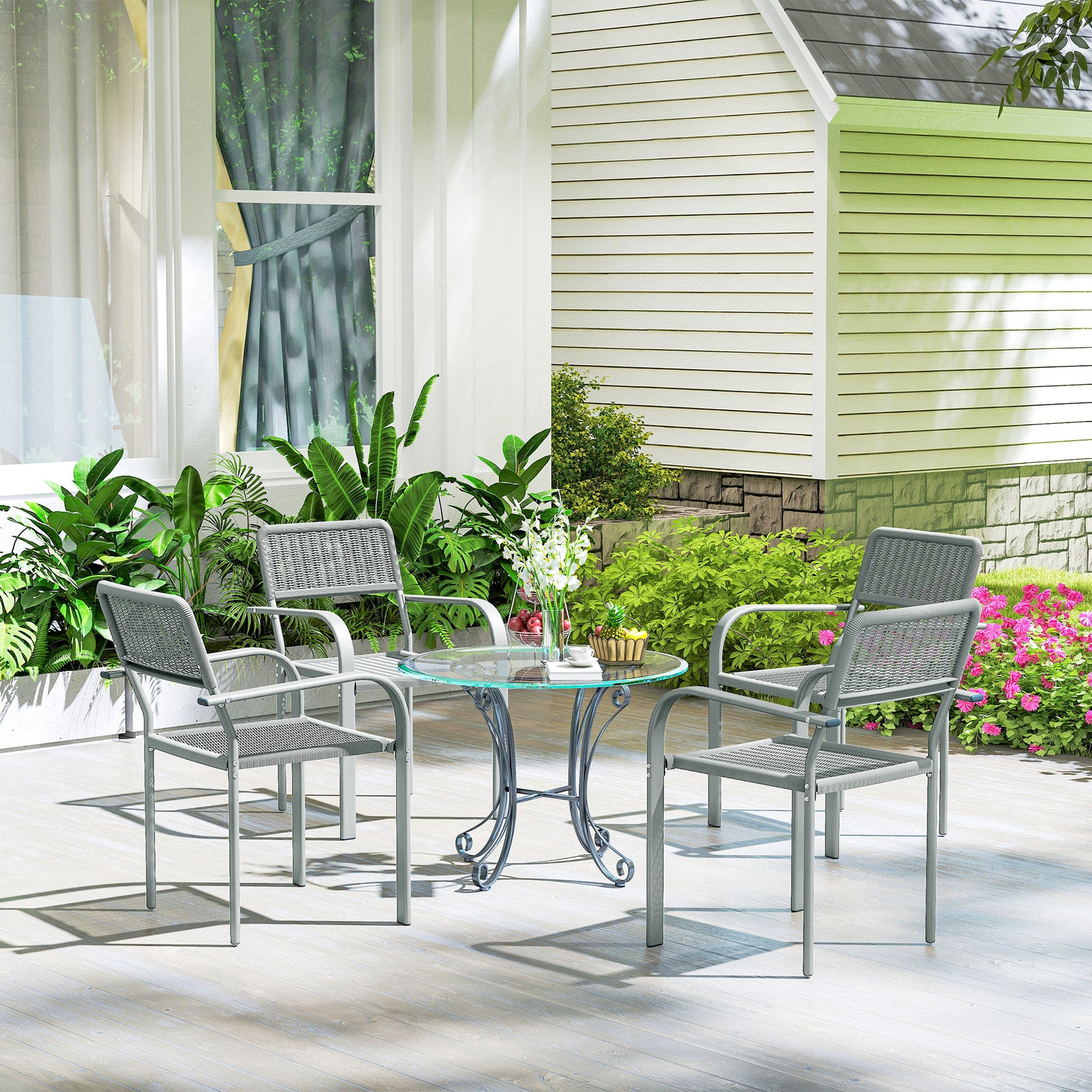 Garden Chairs Set, Stackable & Rattan Effect | Light Grey
